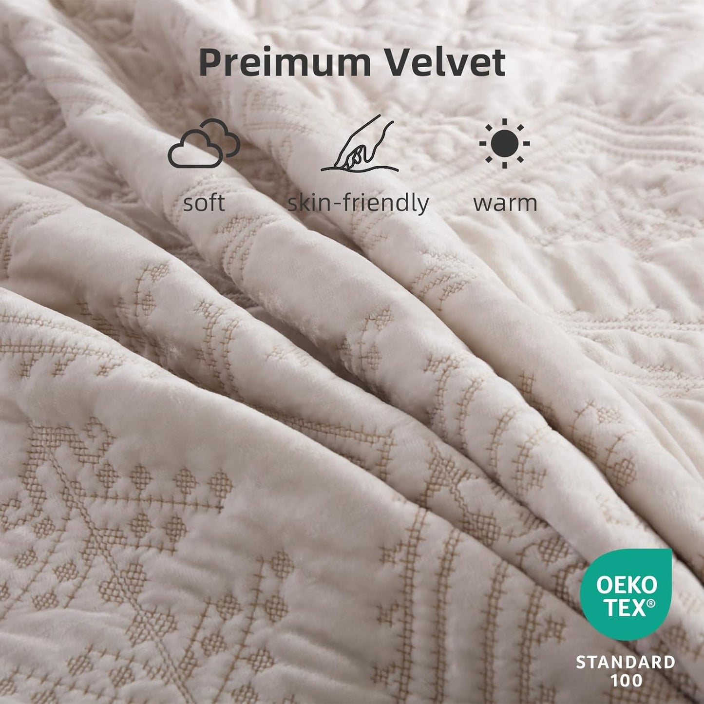 Yvooxny 3-Piece Quilt Set King Size Velvet Embroidery Quilted Bedspread Coverlet Set Bedding Set with Pillowcases for All Seasons, White, 108 * 96 Inches