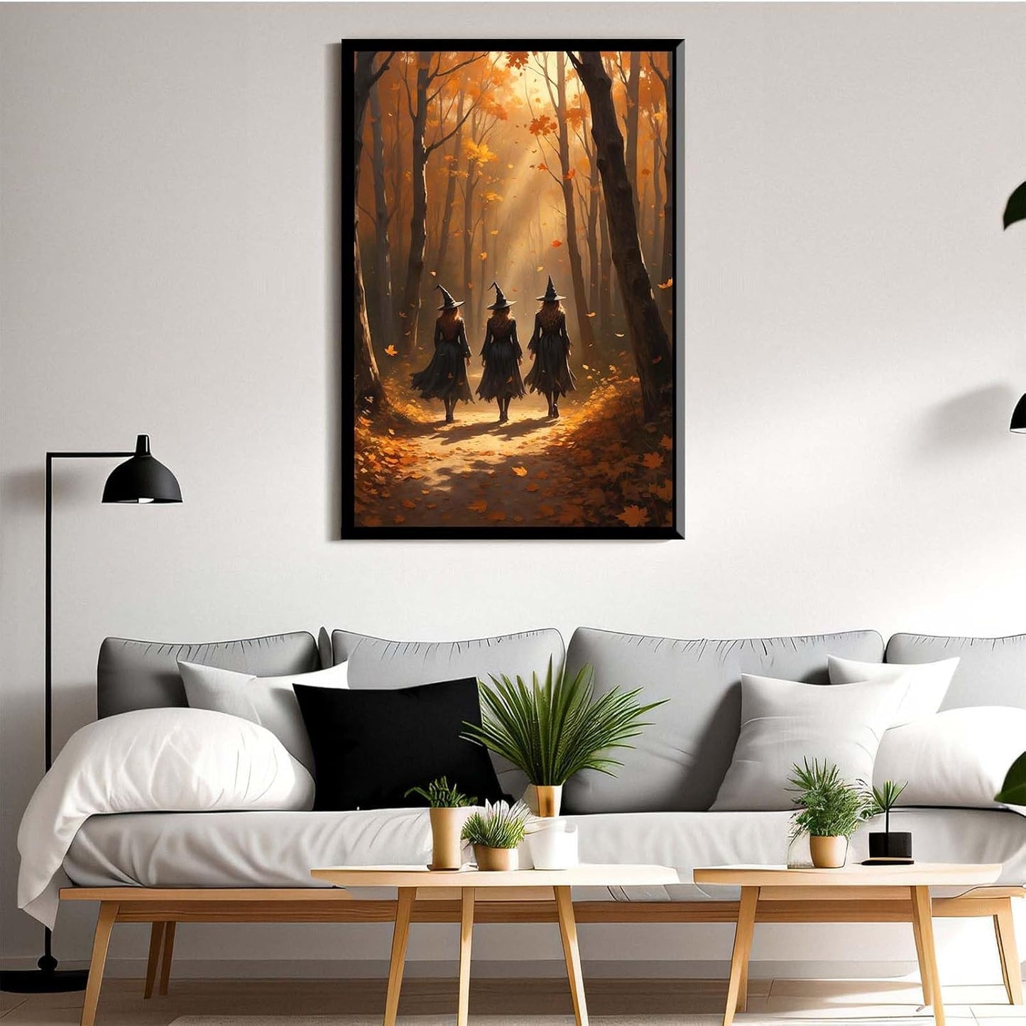 JFHCQJPK Three witches walking in the forest in autumn canvas painting gothic poster halloween print country witch wall art for home decoration20x30in Metal blackFramed