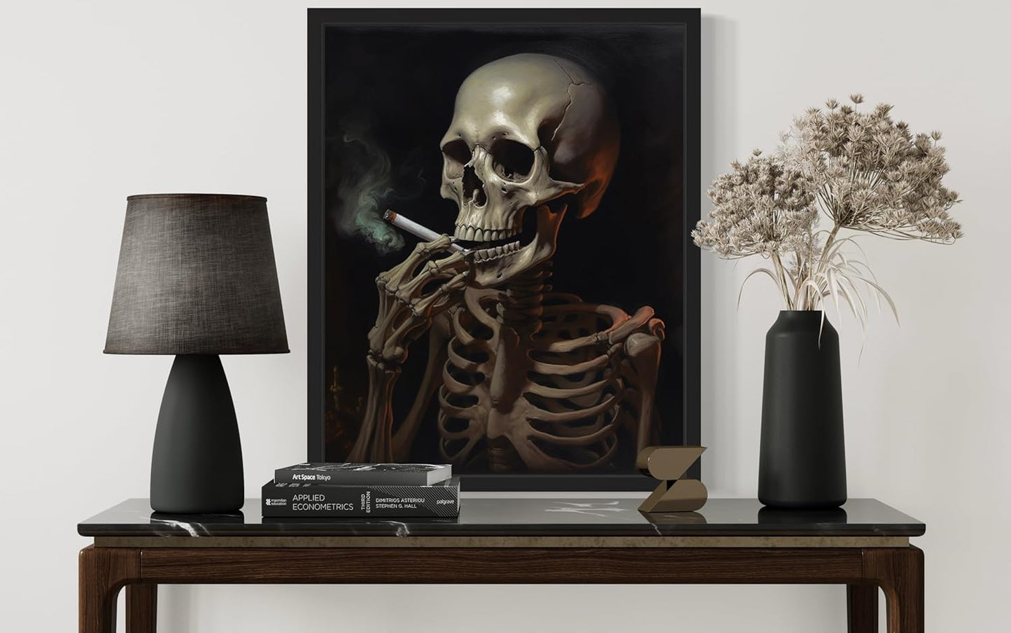 Skull Smoking Ciggarettes Poster Art Print, Halloween Scary Vintage Wall Art Academia Spooky Painting Decoration for Horror Prints, Gothic Posters Bedroom Decor 89 (Skull Smoking Ciggarettes, 16 x 20 inches, Black Frame)