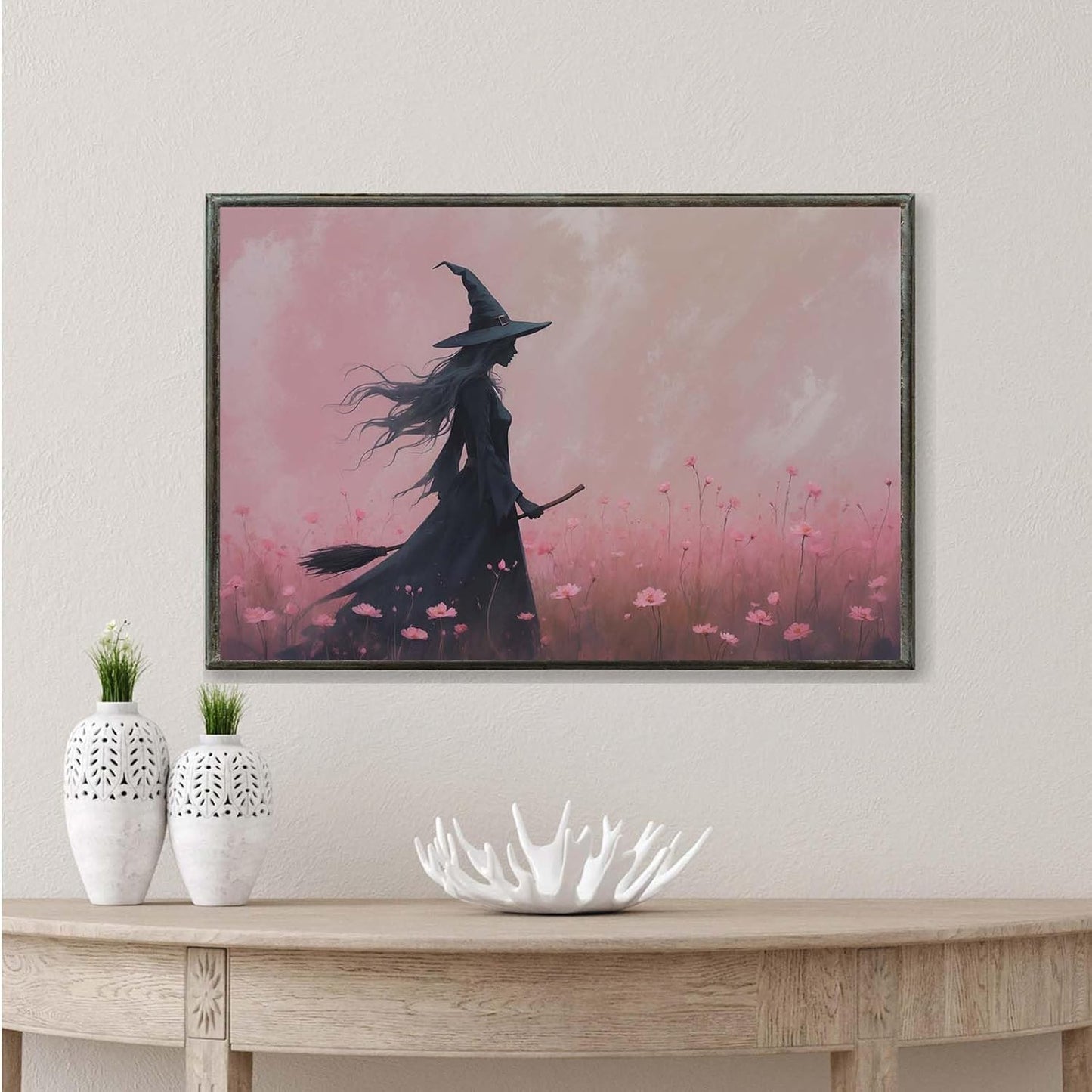 JFHCQJPK Witch in the pink sea of flowers Halloween prints weird flowers wall art silhouette painting fashionable romantic decoration suitable for bedroom20x30in Metal blackFramed