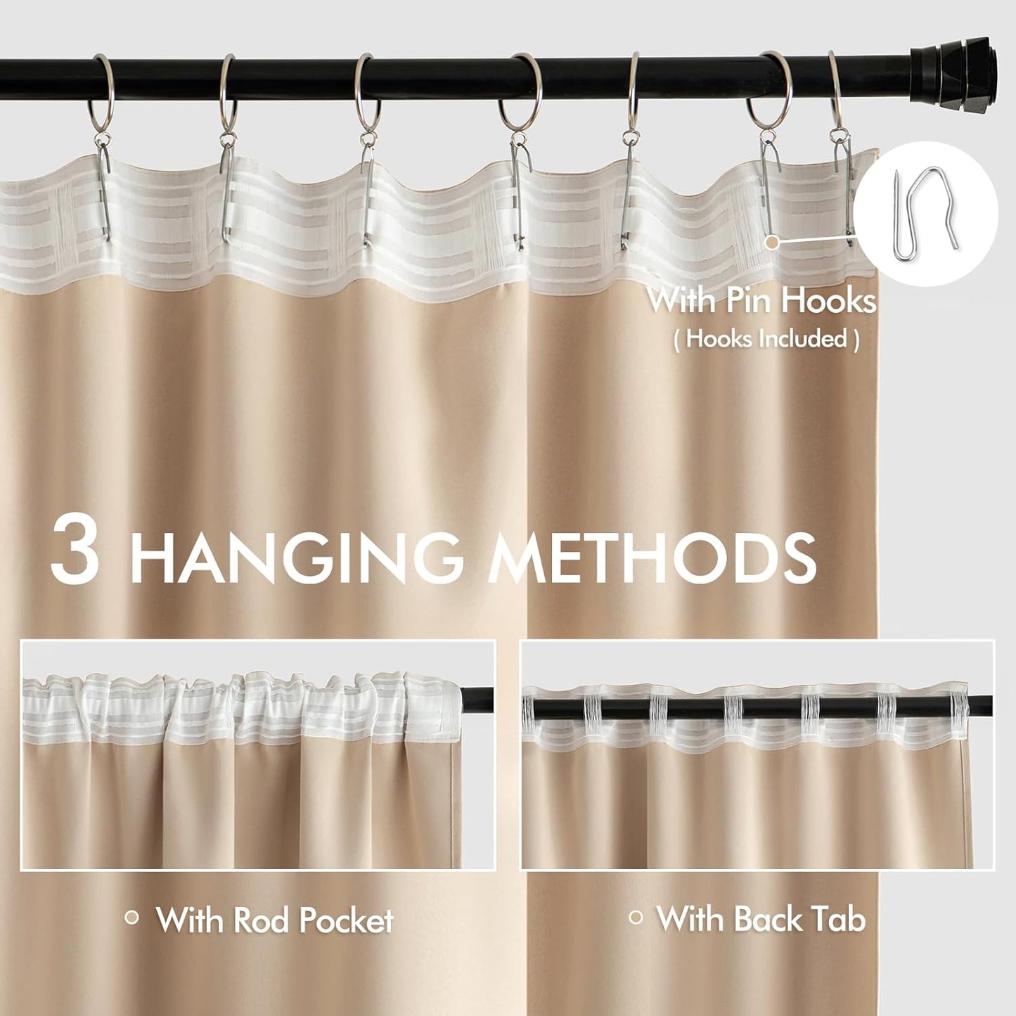 MIULEE Back Tab Beige Curtains 96 Inch Long 2 Panels Set for Living Room Bedroom, Cream Rod Pocket/Pinch Pleated Light Blocking Thermal Insulated Room Darkening Floor to Ceiling Blackout Drapes