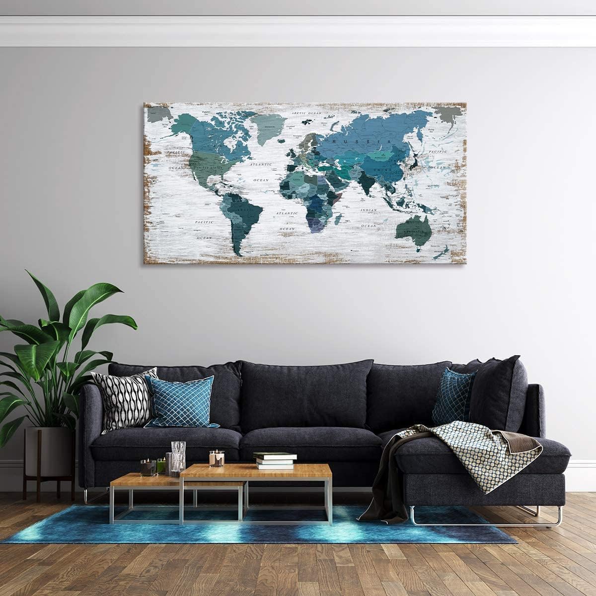 Teal Decor World Map Canvas Wall Art Pictures for Living Room Decoration Blue Wall Decor Office World Map Art Map of the world Picture Framed Artwork for Home Bedroom Decoration 20"x40"