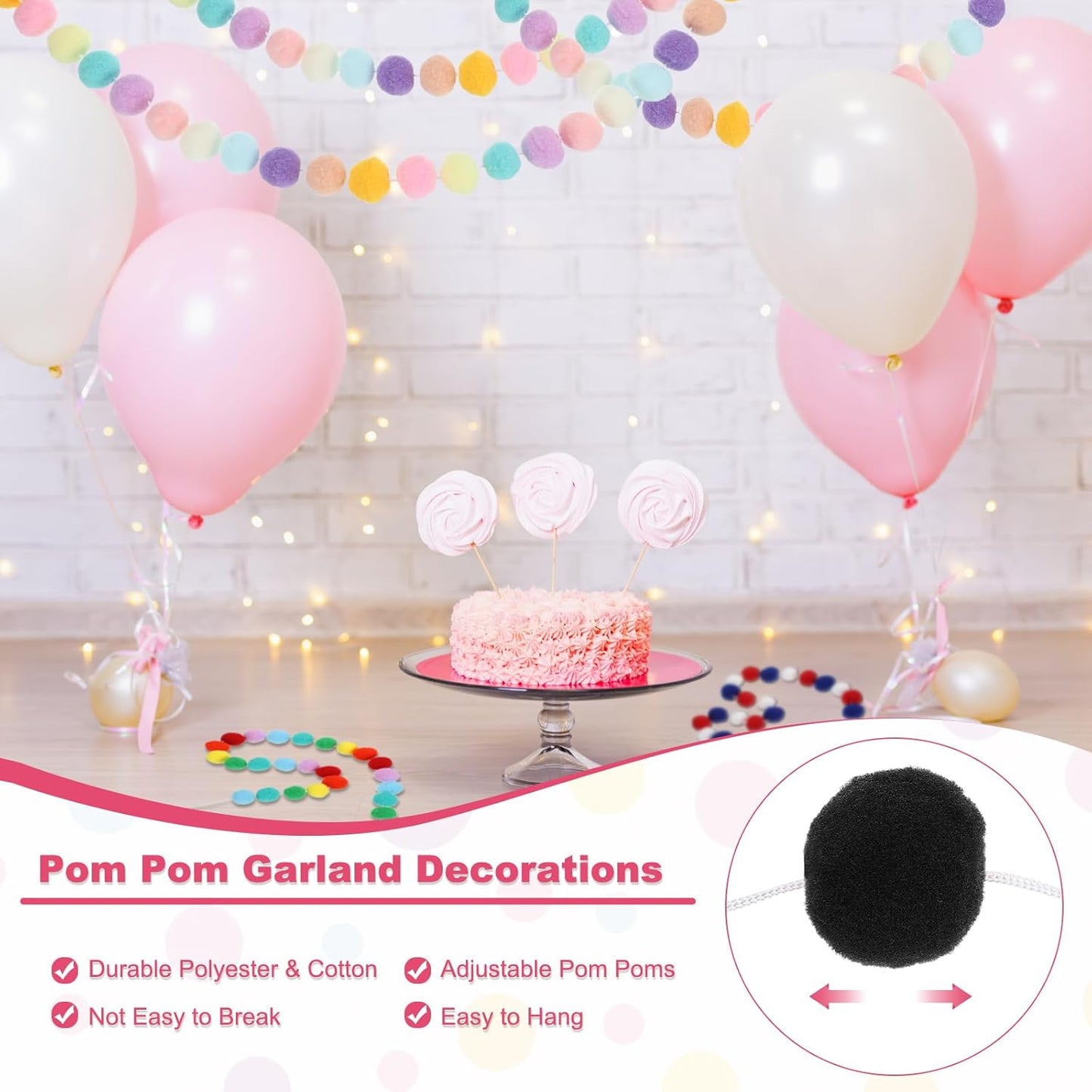 PATIKIL 26Ft Pom Pom Garland Decorations, 4Pcs Colorful Felt Ball Garland Banner Cute Rainbow Pompom Hanging Decorations for Tree Ornaments Homes Decor, Black/Orange/White