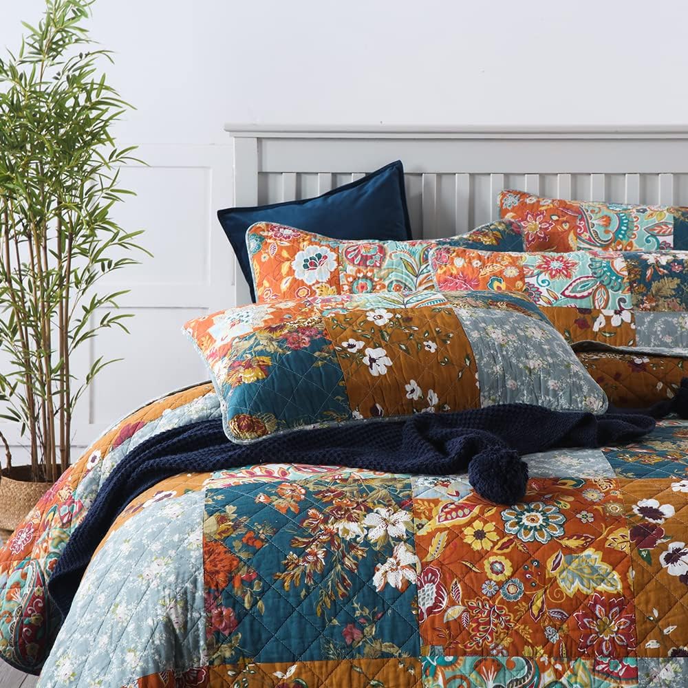 Autumn Dream Cotton Bedspread Quilt Sets Reversible Bedding Coverlet Sets Comforter, Paisley Floral Patchwork Yellow Grey Bedspread, Queen Size