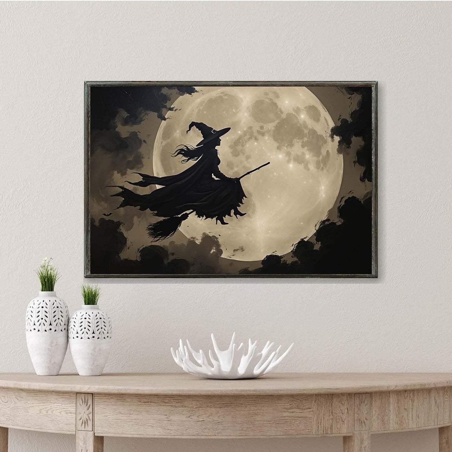 JFHCQJPK Full moon witch silhouette poster witch on magic broom Halloween mural poster decorative mural art suitable for home living room bedroom24x36in Metal blackFramed