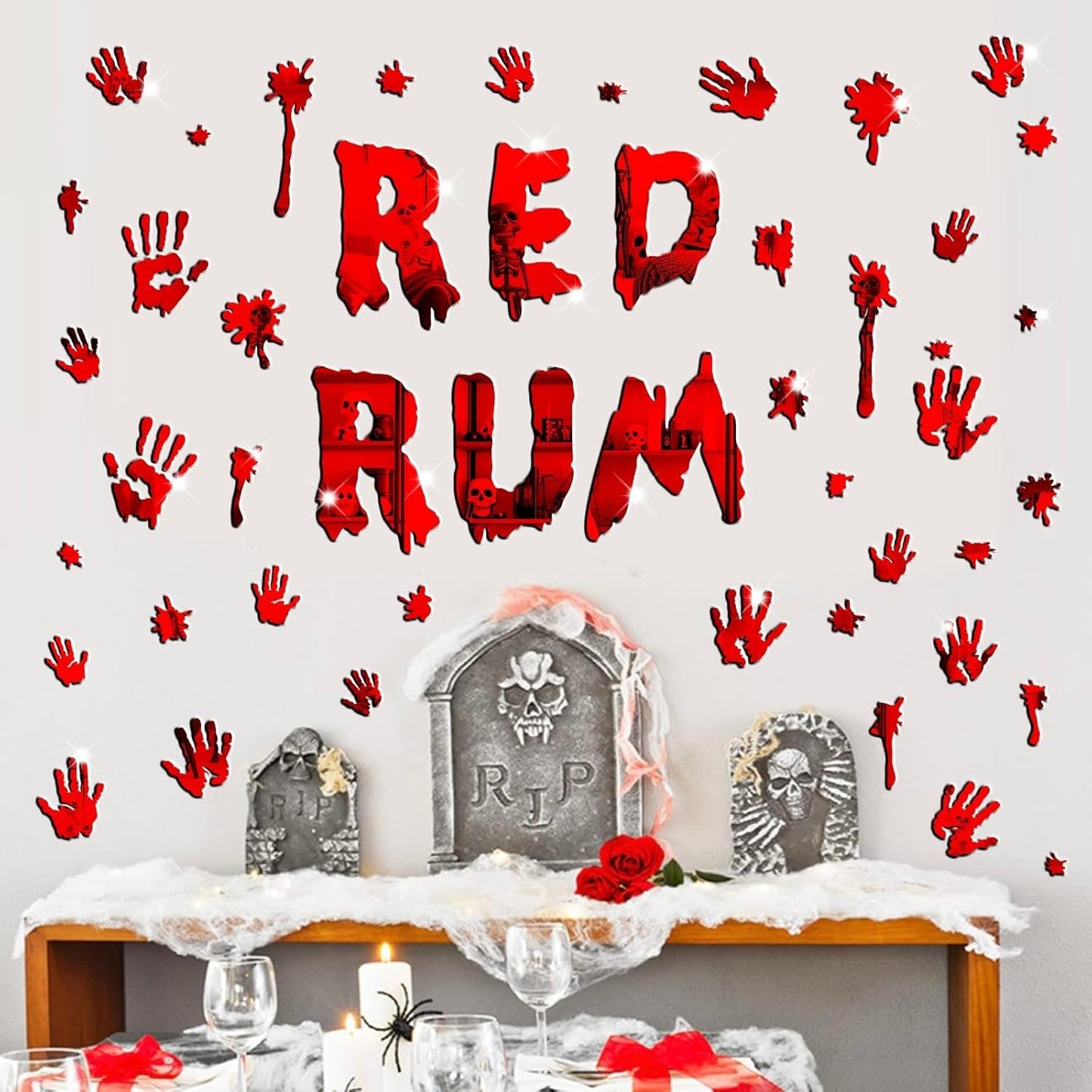 Halloween Decorations Stickers for Wall Bloody Handprint Decals for Bathroom Mirror Acrylic Halloween Party Supplies Decal Peel and Stick Scary Red Blood Stickers for Haunted House Party Home Office