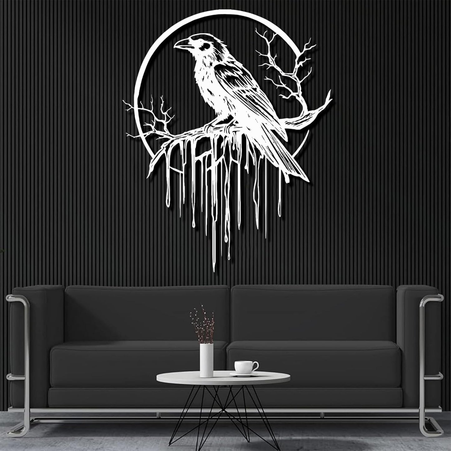 Crow Metal Wall Decor, Raven Wall Art, Large Gothic Raven Decor Hangings, Bird Wall Decor, Metal Tree Branch Decor, Ravens Sign, Raven Art for Living Room (White, 47"x38" | 120x96cm, metal wall art)