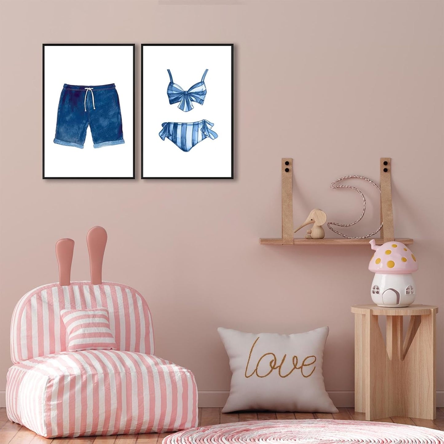 Liyark Set of 2 Retro Navy Blue And White Swimsuit Art Posters Beach Bathing Suit Prints Painting Beach House Wall Art Coastal Wall Decor Pictures For Bathroom Home Decoration 16x24in Framed