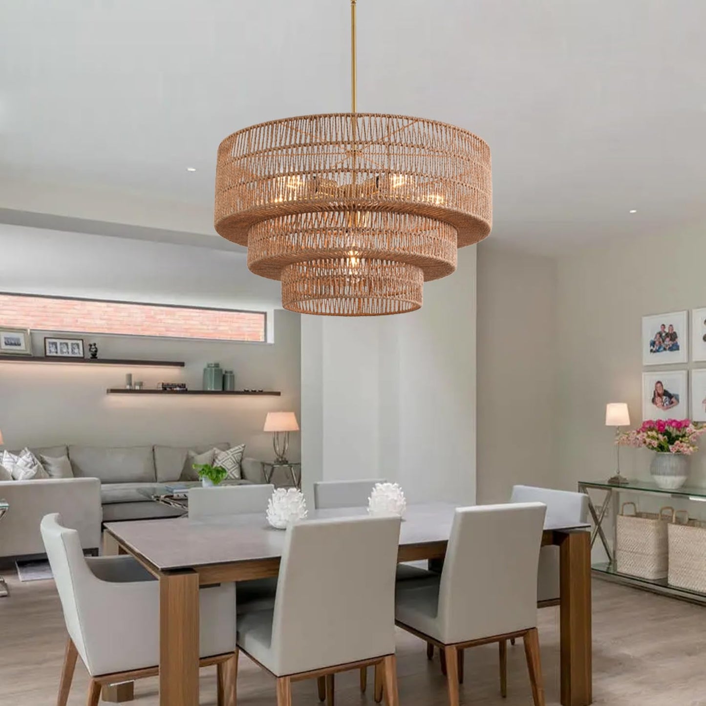 Boho Rattan Chandelier, 6-Light Dining Room Light Fixture,23.62" Wicker Pendant Lighting with3-Tier Woven Lampshade, Large Farmhouse Chandeliers for Kitchen