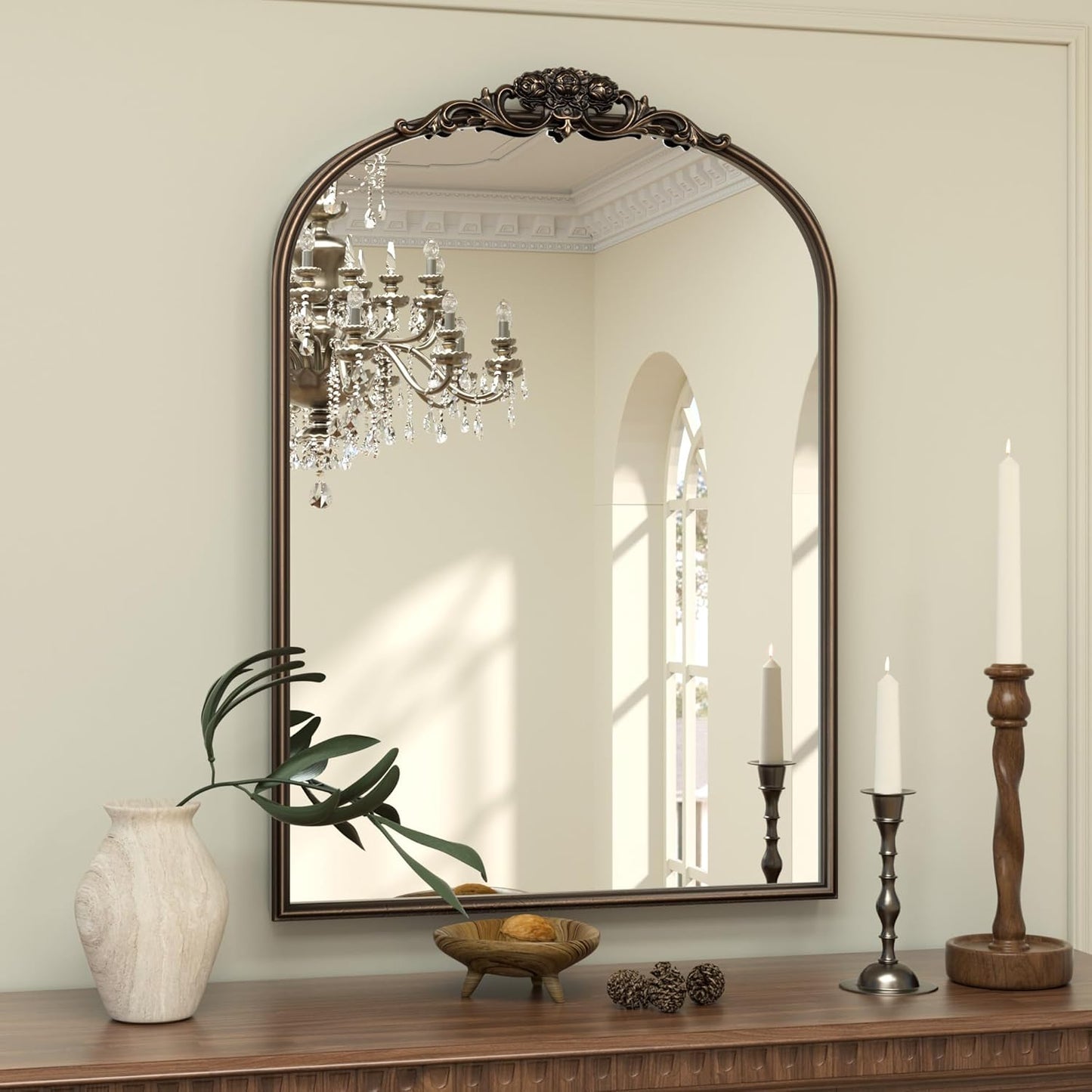 Keonjinn Vintage Mirror for Wall, 24" x 36" Bronze Antique Mirrors with Metal Frame, Baroque Style Decoration for Mantle, Bathroom, Living Room, Fireplace, Bedroom, French Cleat Mounting