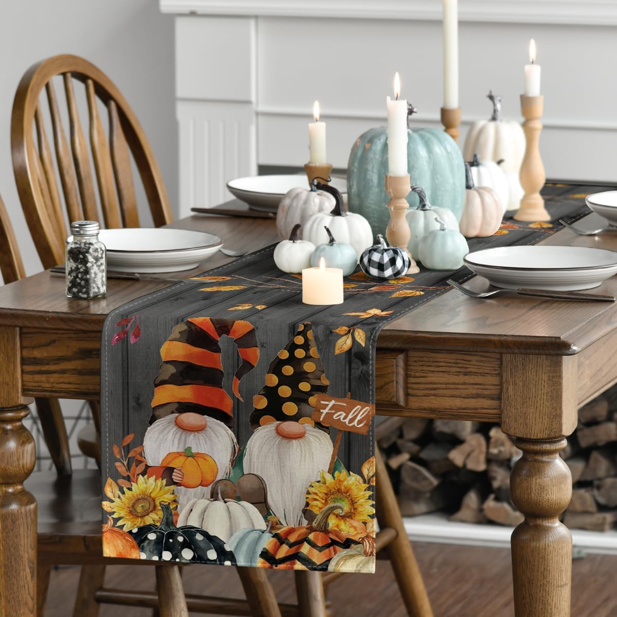 Artoid Mode Gnomes Pumpkins Sunflower Leaves Fall Table Runner, Seasonal Autumn Kitchen Dining Table Decoration for Home Party Decor 13x60 Inch