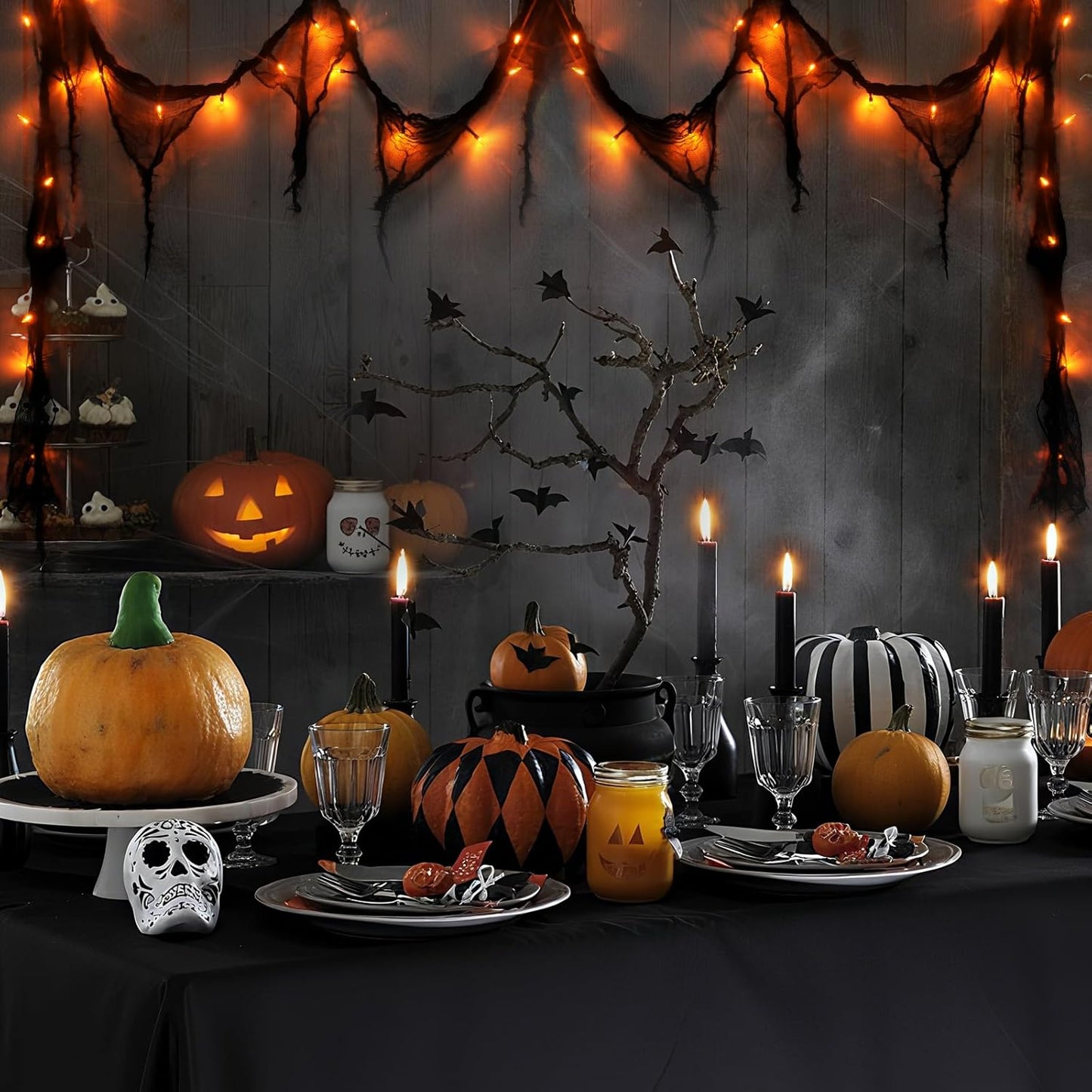 Halloween Horror Atmosphere Lights, Orange&Purple LED String Lights with 9.9FT Creepy Black Gauze, Battery Powered with Timer & 8 Flashing Modes (Orange)