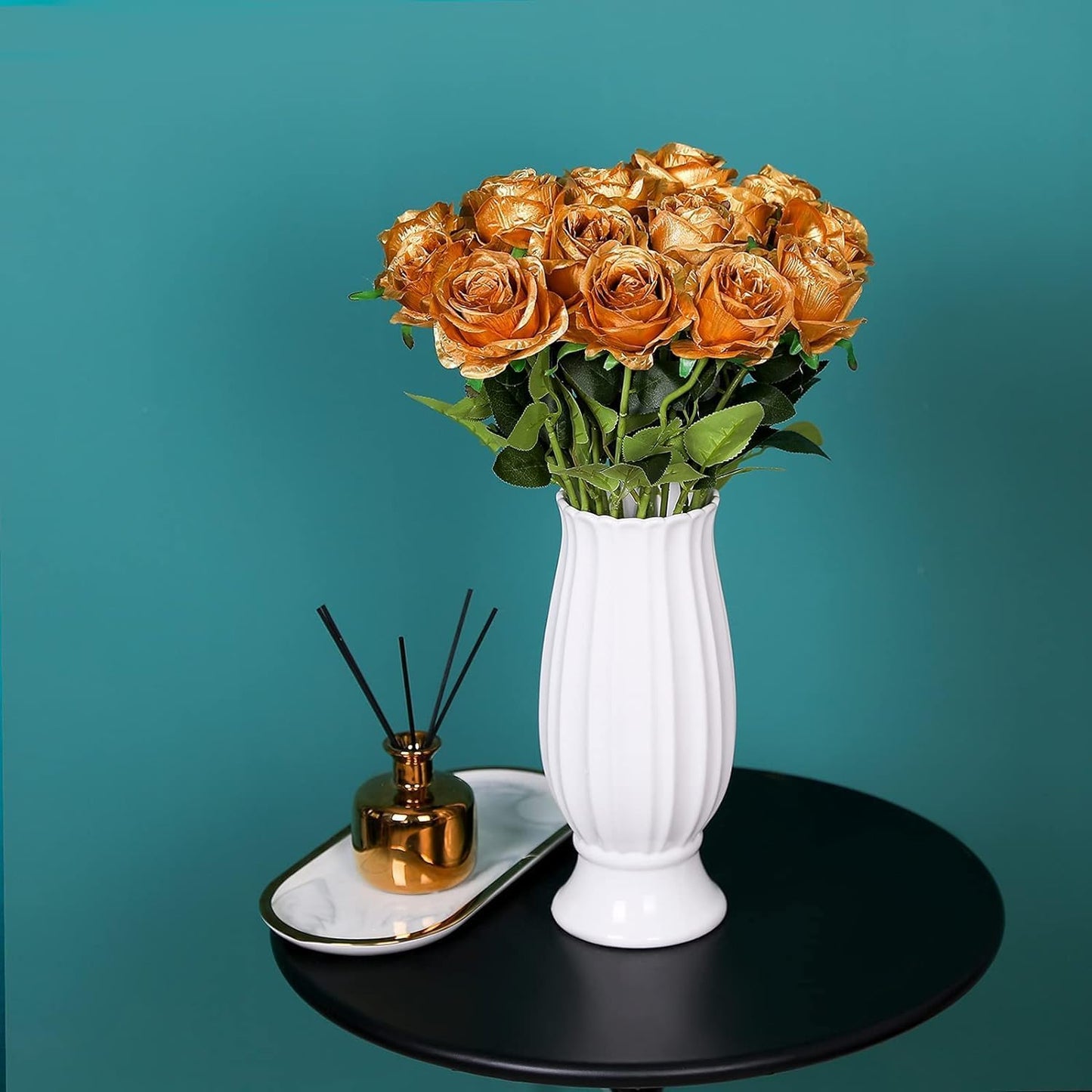 Gold Fake Roses Artificial Flowers - 10 Pcs Fake Artificial Roses Silk Flowers with Stems for Home Wedding Hotel Office Centerpiece Decor