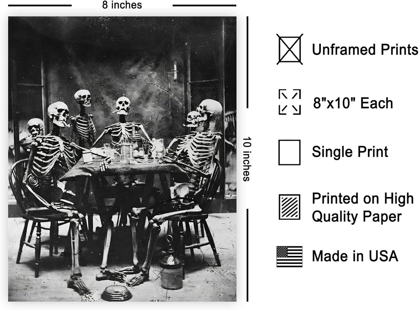 Poster Master Vintage Skeletons Smoking Poster - Retro Dinner Party Print - Skeleton Art - Halloween Art - Gift for Him & Her - Gothic Decor for Dorm, Living Room or Bedroom - 8x10 UNFRAMED Wall Art