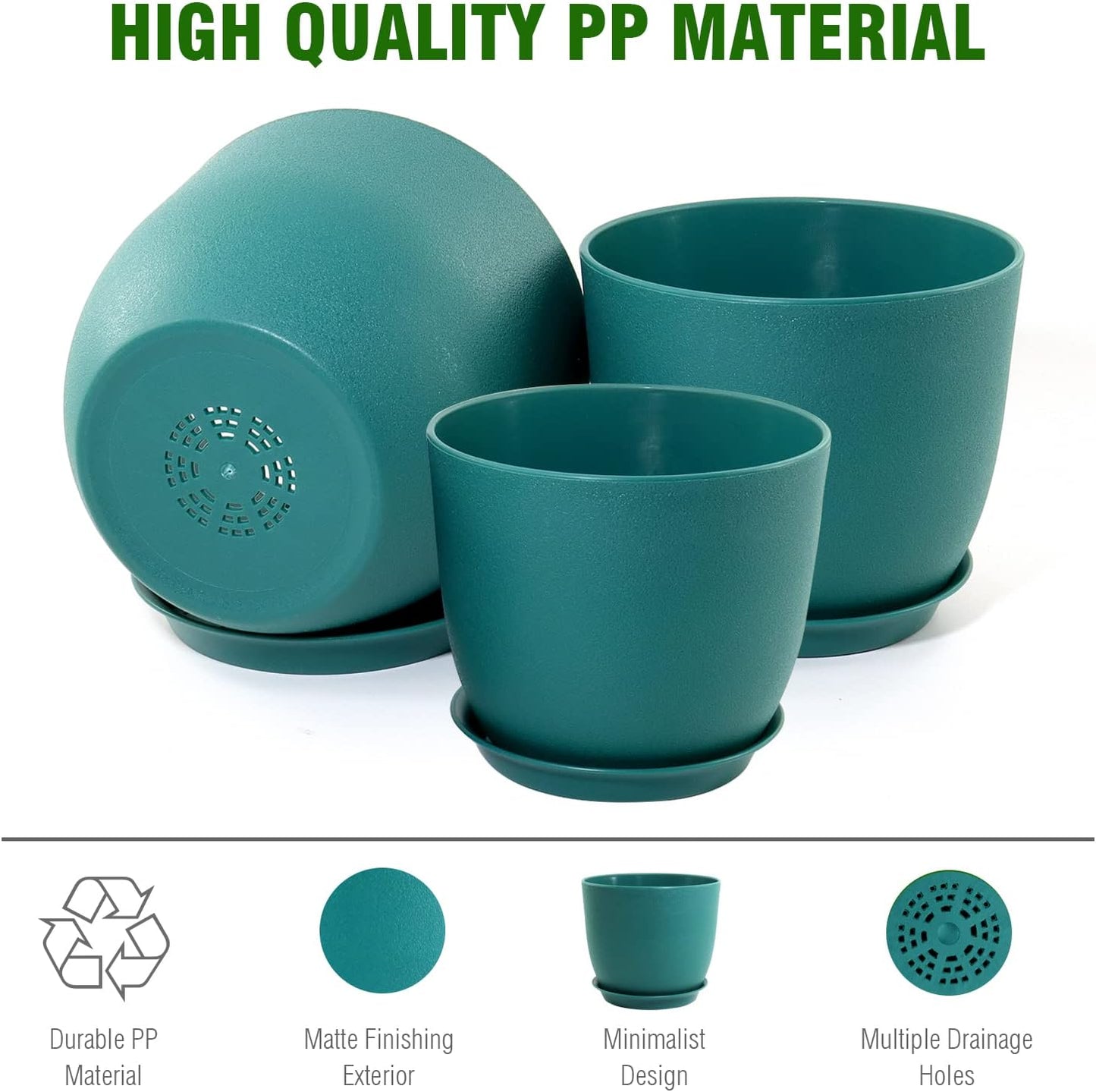 Large Flower Pots 12/10/9 inch, Set of 3 Modern Decorative Plastic Planters with Drainage Holes and Saucers for House Plants, Plant Pots for Indoor Outdoor Plants, Blue Green