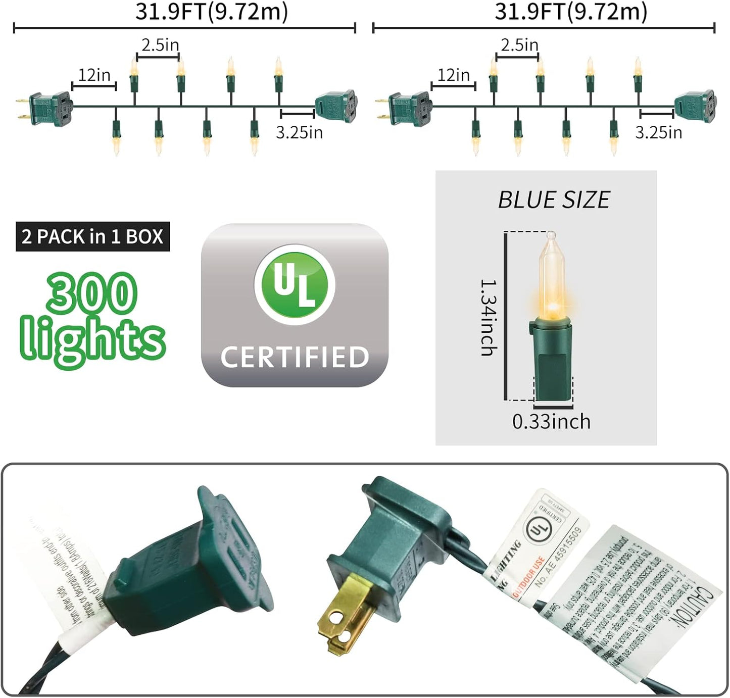 Green Wire,Yellow Incandescent Bulb 300 Mini String Lights for Indoor Christmas Tree Garland Birthday Wedding Party Festival Decoration