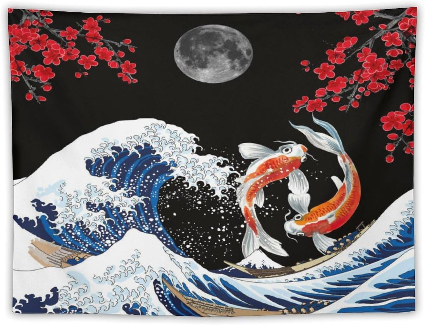 Houselerax Japanese Koi Fish Tapestry, Yin Yang Big Wave Red Cherry Blossom Tapestries Wall Hanging for Bedroom Living Room Office Decor 60"x50"