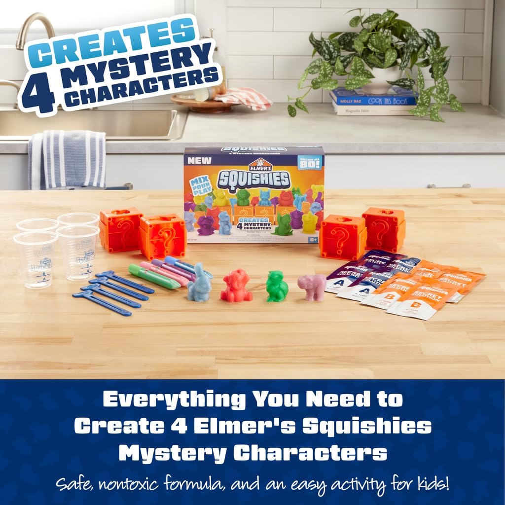 Elmer's Squishies Kids’ DIY Activity Kit, Creates 4 Mystery Characters, 24 Piece Kit, for Ages 6 and Up, Perfect for Stress Relief and Sensory Play
