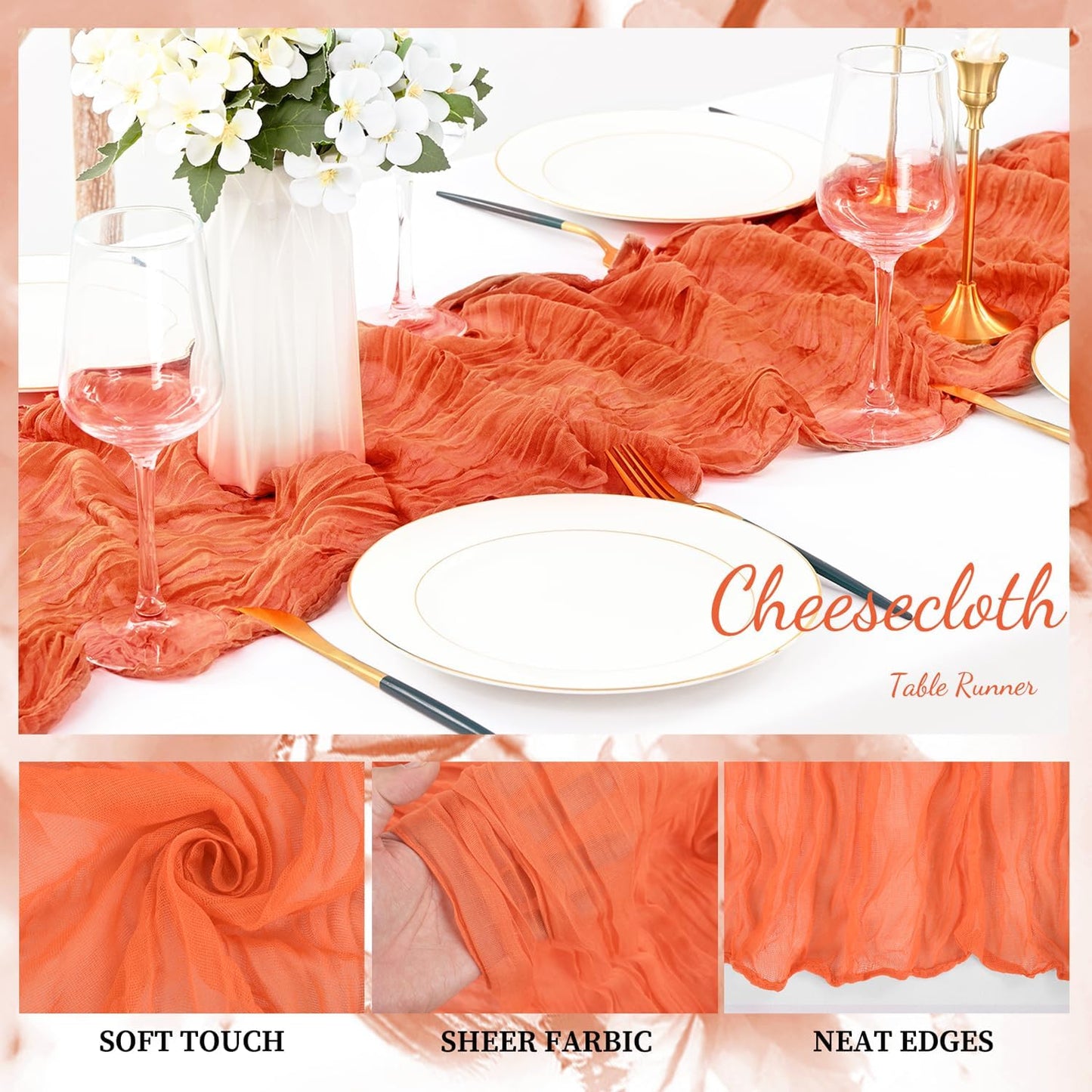 Orange Cheesecloth Table Runner 20 Pack 10FT Boho Fabric Rustic Cheese Cloth Table Runner for Wedding 20 x 120 Inch Long Bridal Shower Baby Shower Gauze Sheer Birthday Party Table Decorations