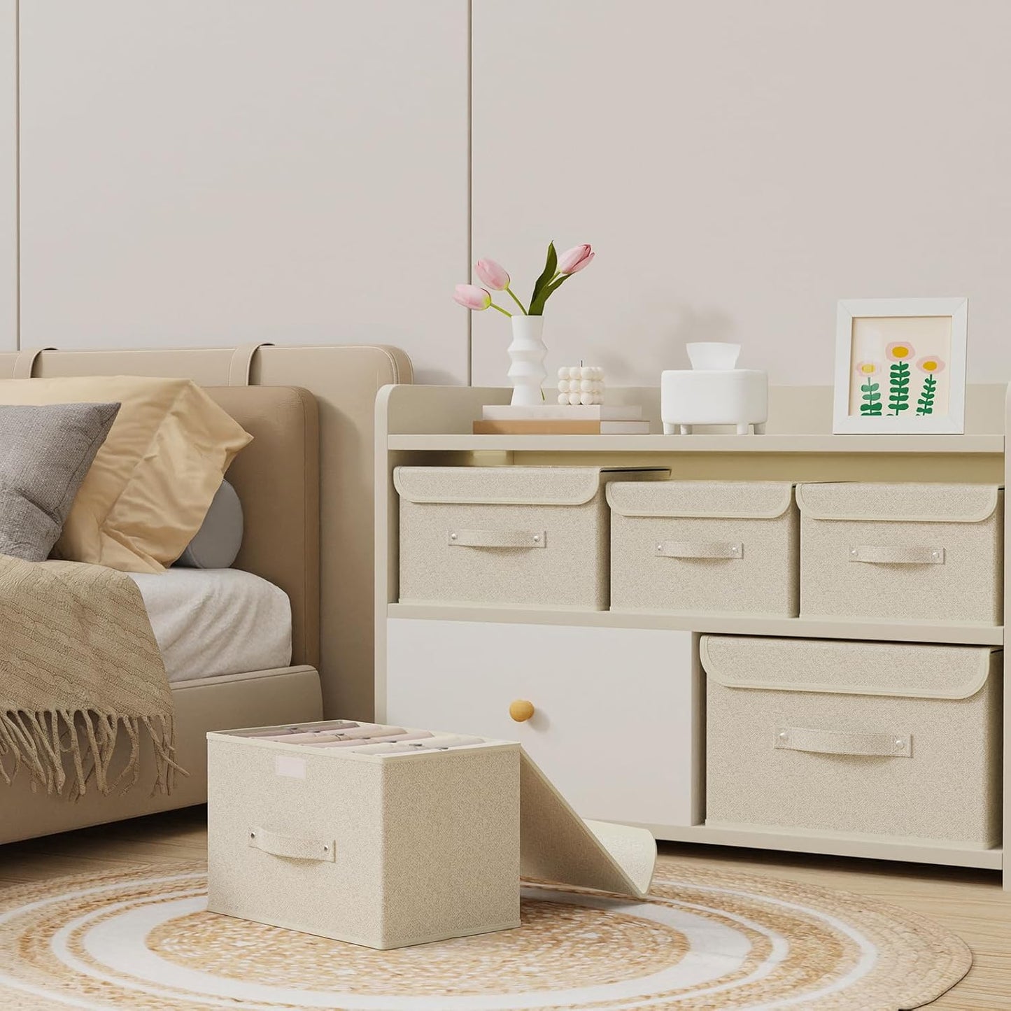 Storage Boxes, Collapsible Storage Bins with Lids, Cotton and linen cloth Storage Baskets with Handle, for Books, Closet, Bedroom, Home, 15x9.8x9.8 in, Grey and Beige