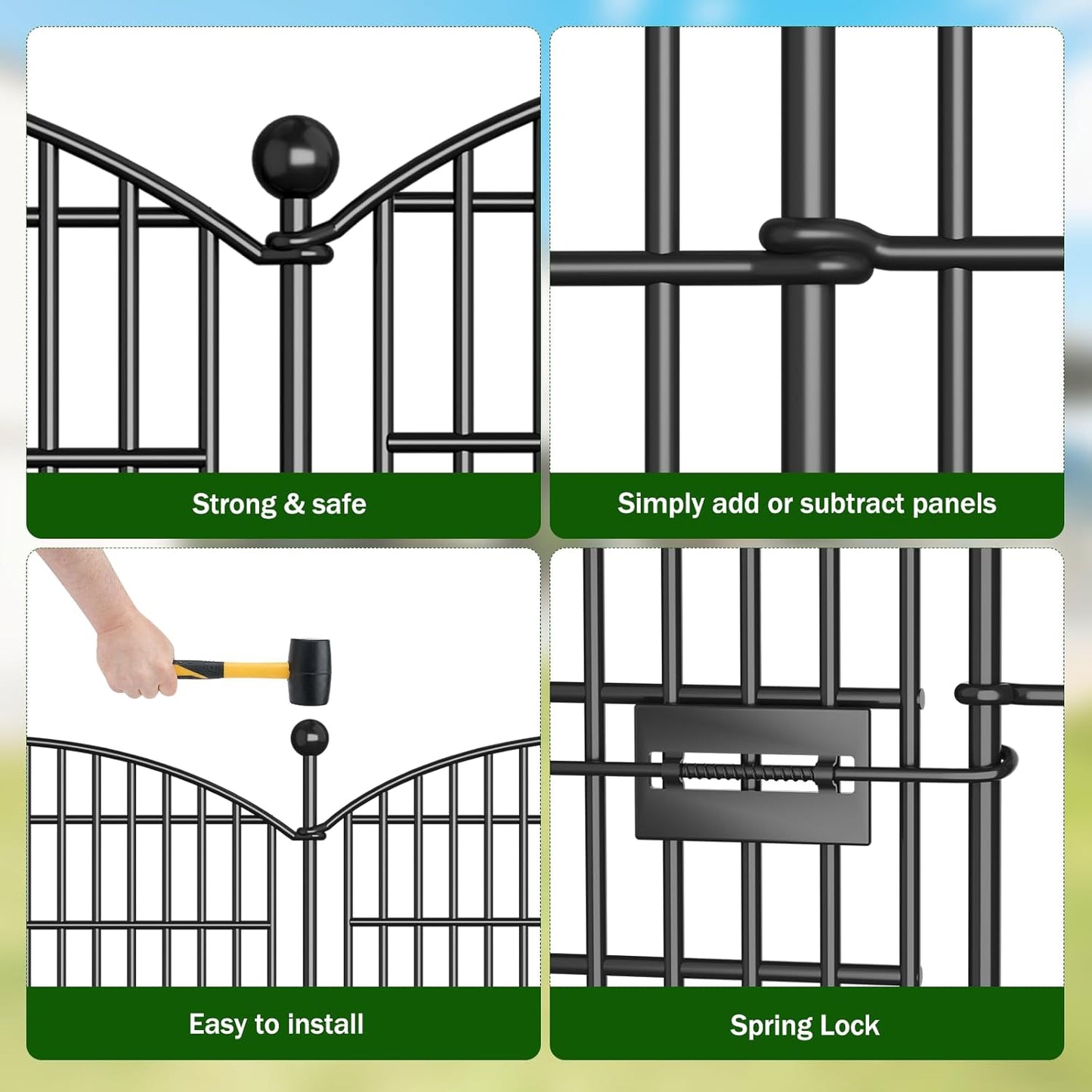 No Dig Decorative Garden Fence 4 Panels with Gate, 48 in (H) x 10.4 ft (L), Dog Fence Outdoor for Yard，Rustproof Metal Animal Barrier Ground Stakes Fencing for Garden, Patio, Flower Bed