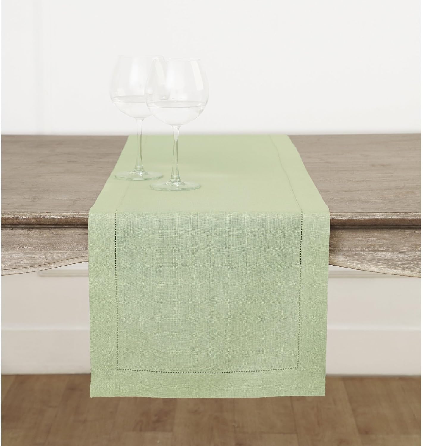 Solino Home Linen Sage Green Table Runner 120 Inches Long - 100% Pure Linen Hemstitch 14 x 120 Inch Table Runner for Dining, Fall, Autumn, Thanksgiving - Classic Hemstitch