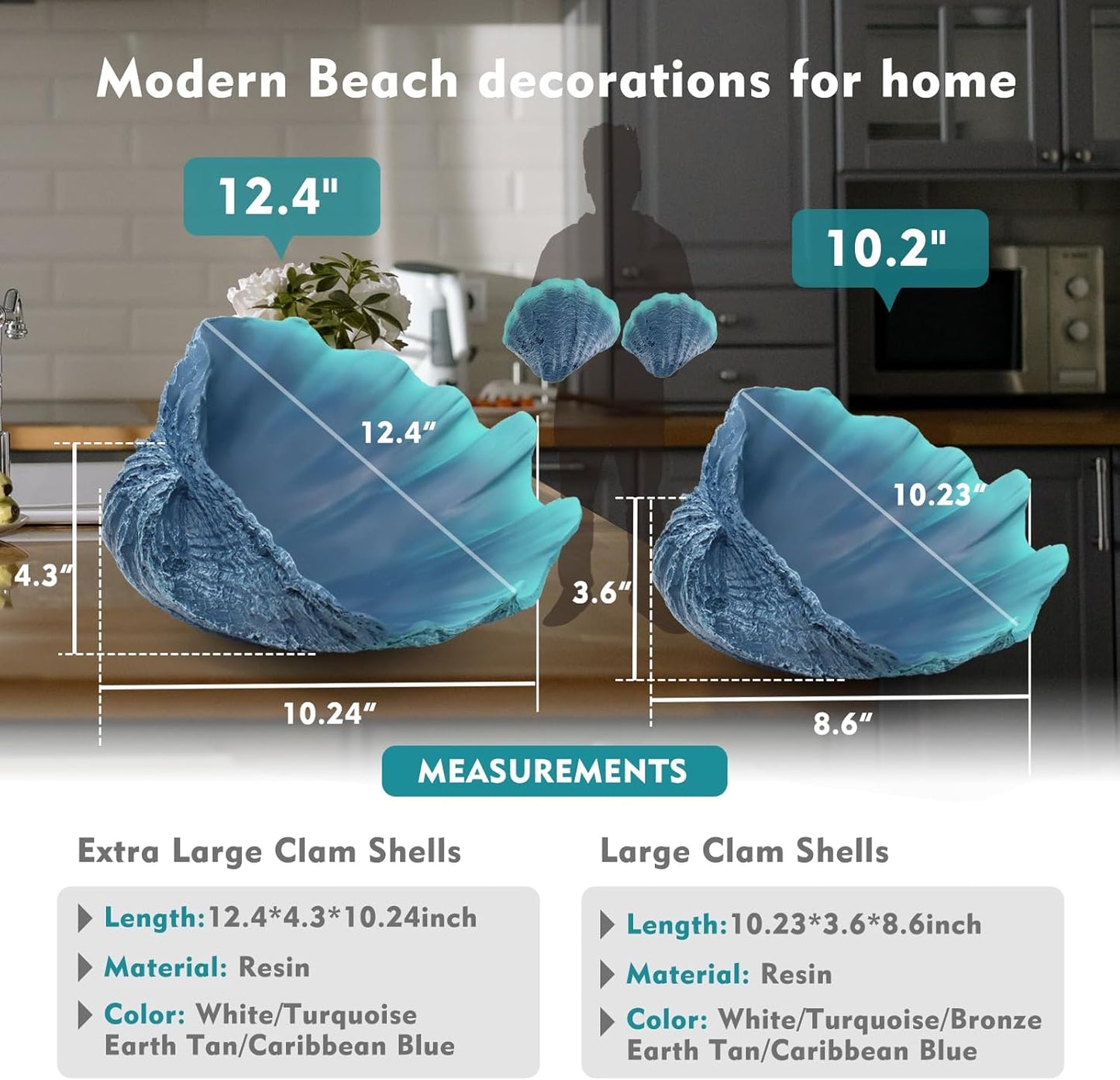 Extra Large Clam Shells Decorative Bowl-Caribbean Blue Sea Shells Decorative Storage Bowls for Coastal Beach theme house table centerpiece decorations & Nautical decor for coffee table-12.4"-1PC