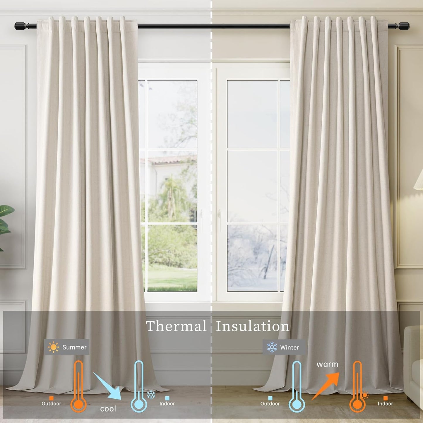 Greyish Beige Linen Black Out Curtains 84 Inch Long 2 Panels Set for Bedroom Light Blocking Curtains Greige with 100% Blackout Backing Light Taupe Thermal Insulated Room Darkening Curtain Drapes