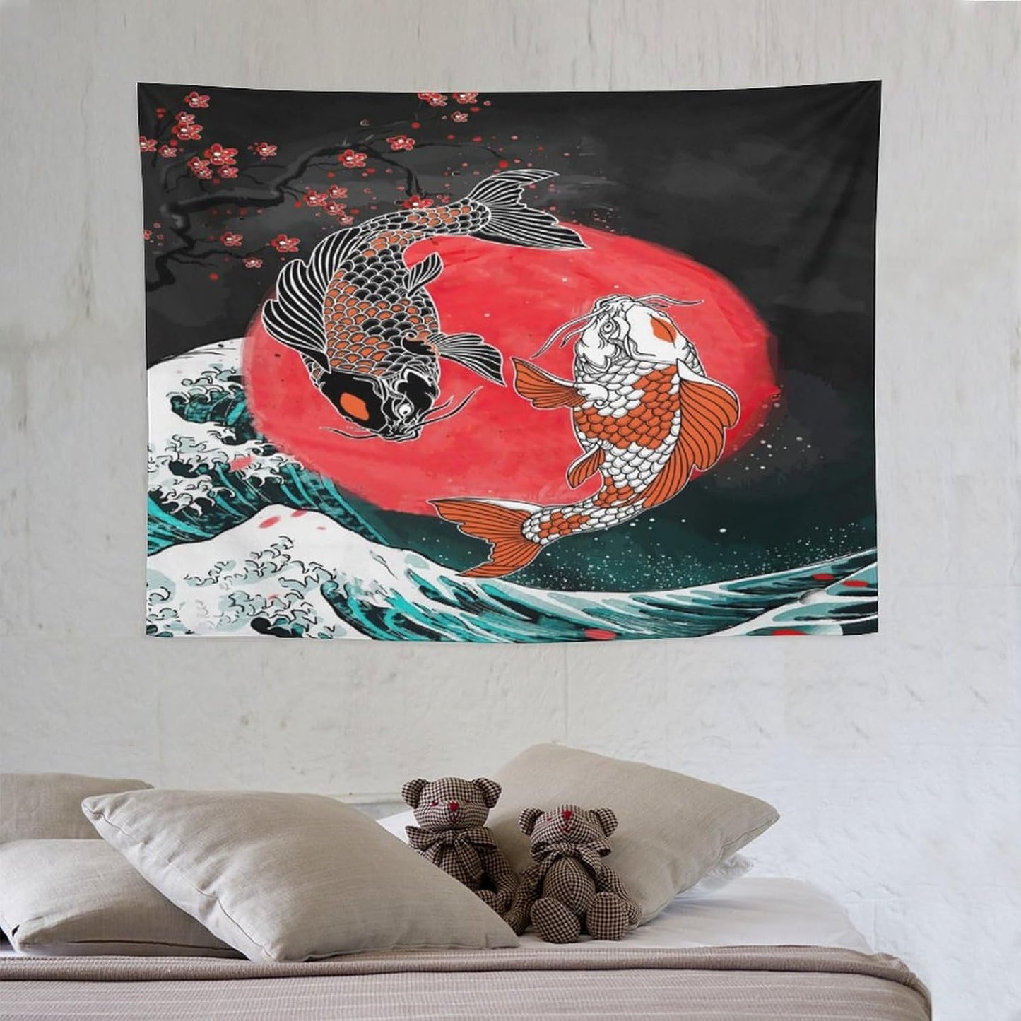 Houselerax Koi Fish Tapestries,Japanese Style Yin Yang Big Wave Cherry Blossoms Tapestry Wall Hanging for Bedroom Living Room Office Decor 40"x30"