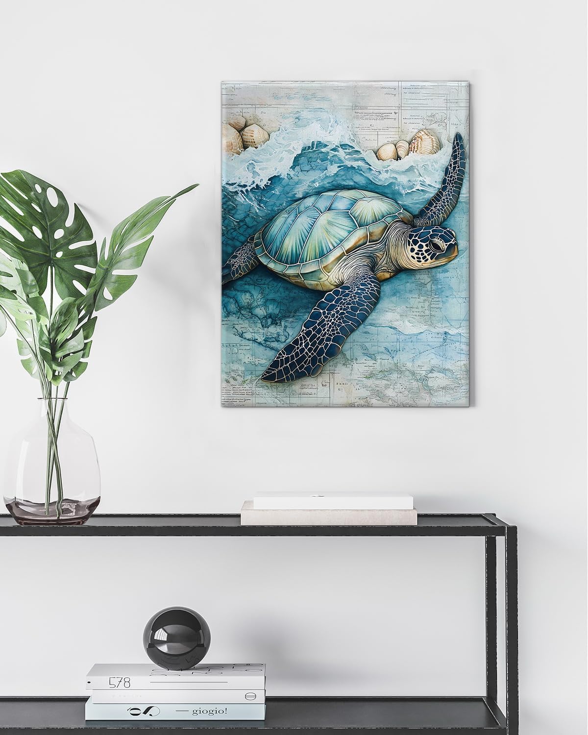 Coastal Sea Turtle Canvas Wall Art Turtle Nautical Ocean Theme Print Poster Framed Picture Painting for Home Beach House Bedroom Wall Decor 11x15 Inch