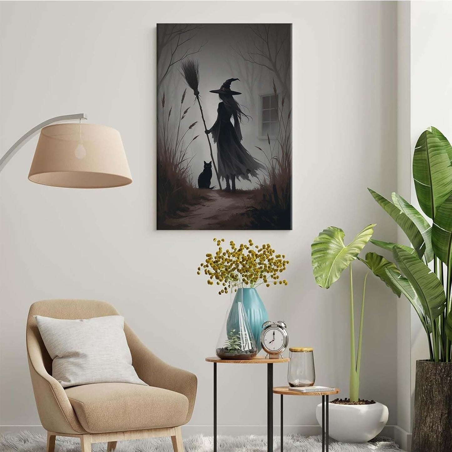 Vintage forest witch and black cat poster Halloween mural poster decoration mural art magic suitable for home living room bedroom16x24in Wood Framed