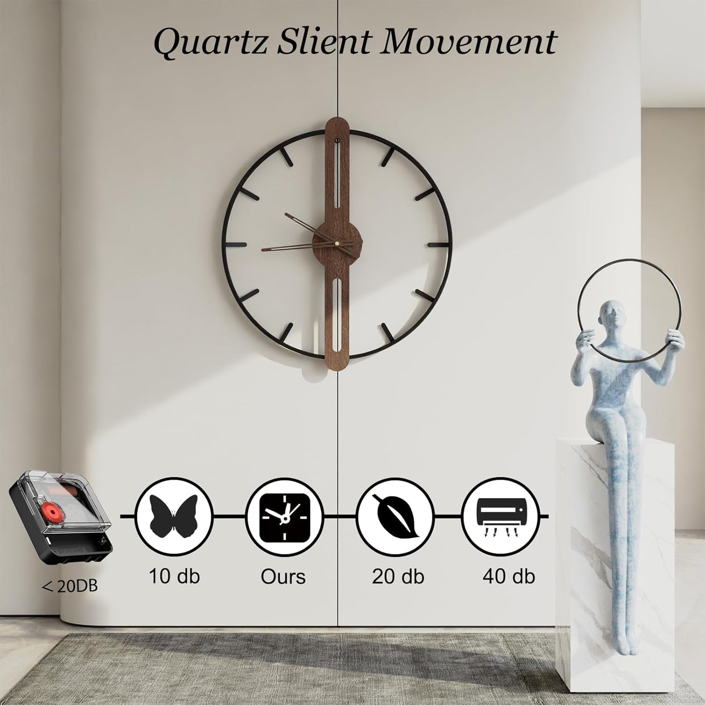 Modern Walnut Dial Wall Clock, Wood Large Wall Clock Decor Metal Frame Silent Non Ticking for Living Room, Bedroom, Kitchen, Study Decoration, Handmade Home Present Idea, 24 in （60 cm）