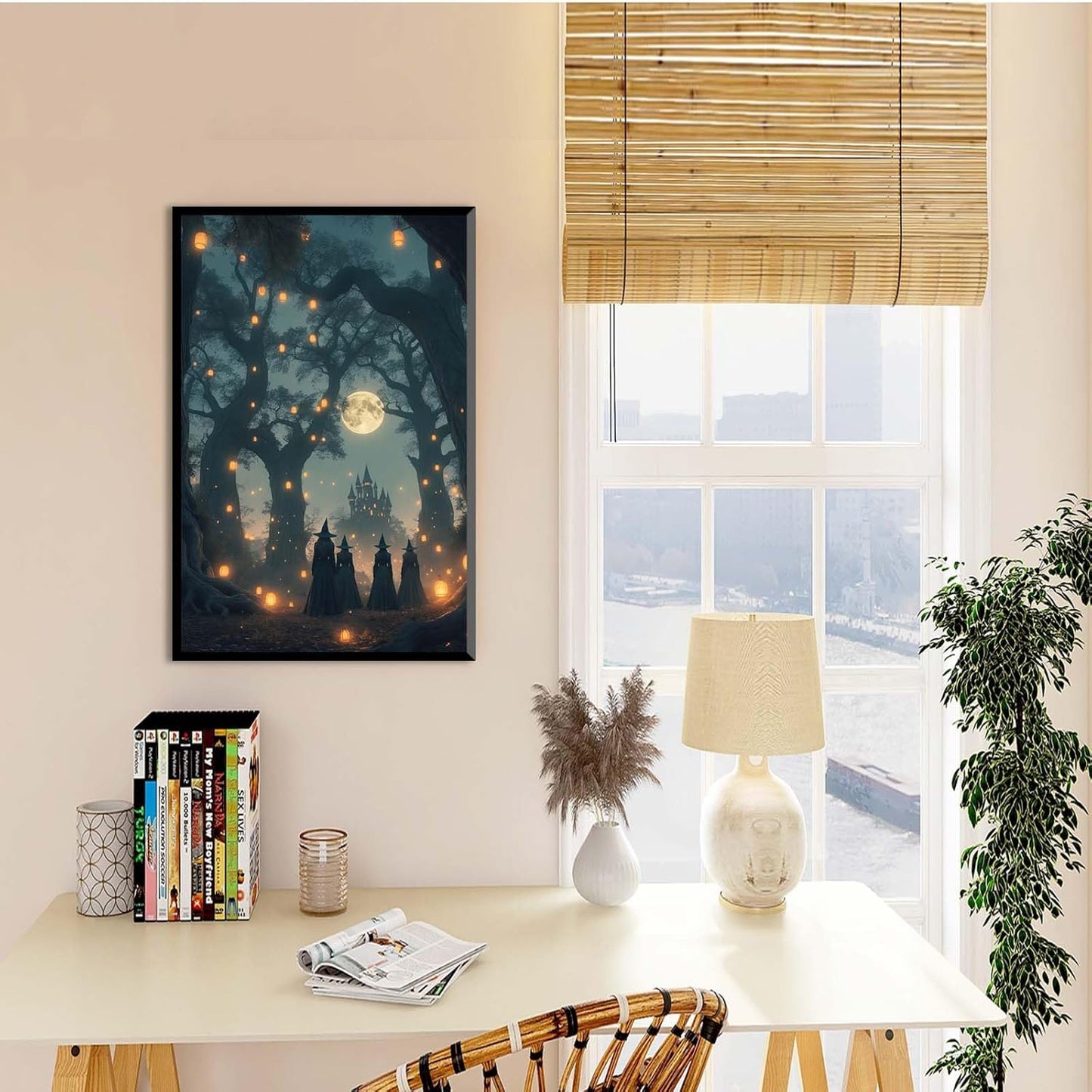JFHCQJPK Mysterious creek painting witch and castle in magic forest art print canvas gothic print dark college decoration poster for home bedroom24x36in Metal blackFramed