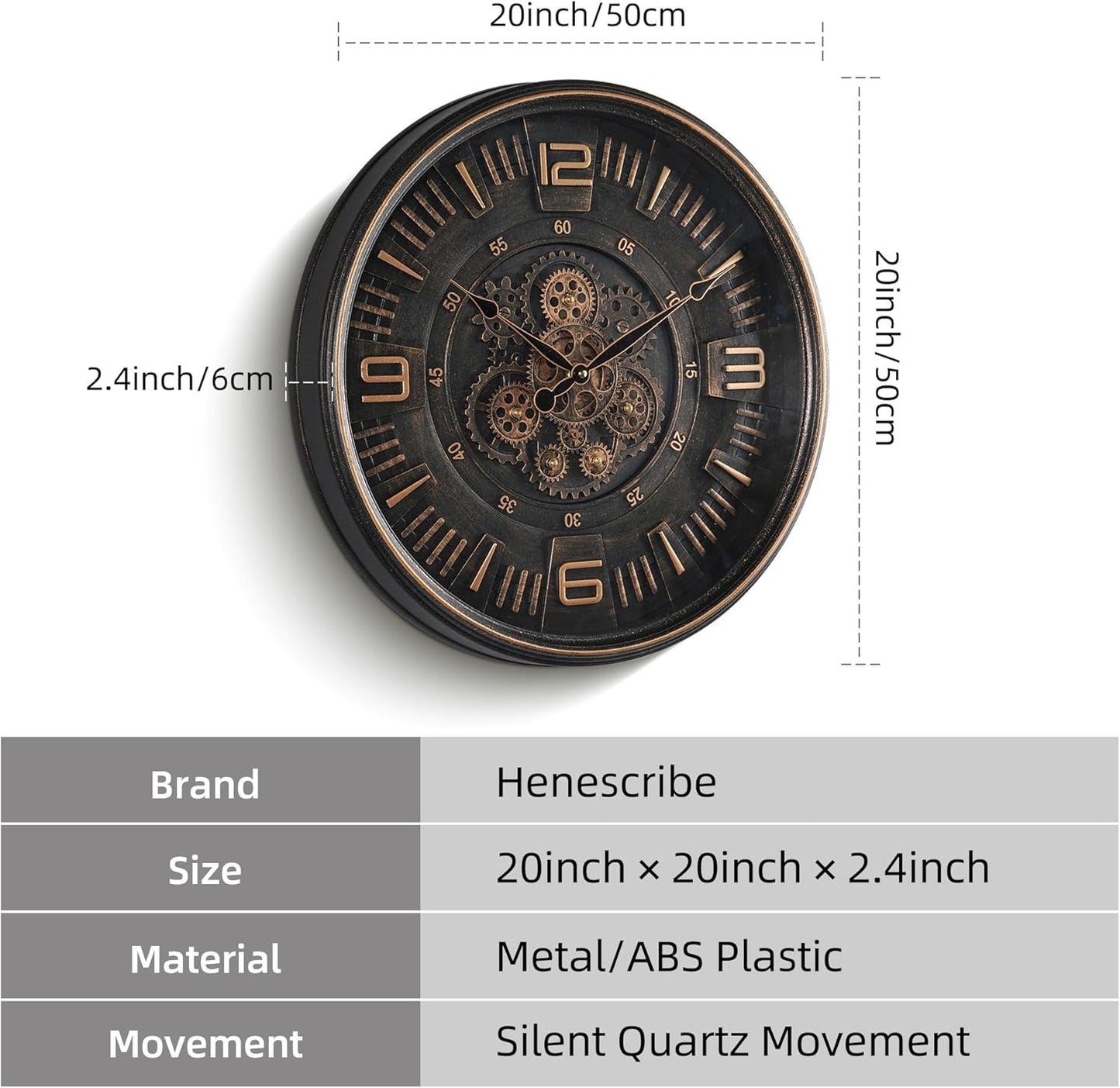 20in Large Real Moving Gears Wall Clock for Living Room, Battery Operated Wall Clocks Decorative Vintage, Home Office Clock, Gift for Family, Friends