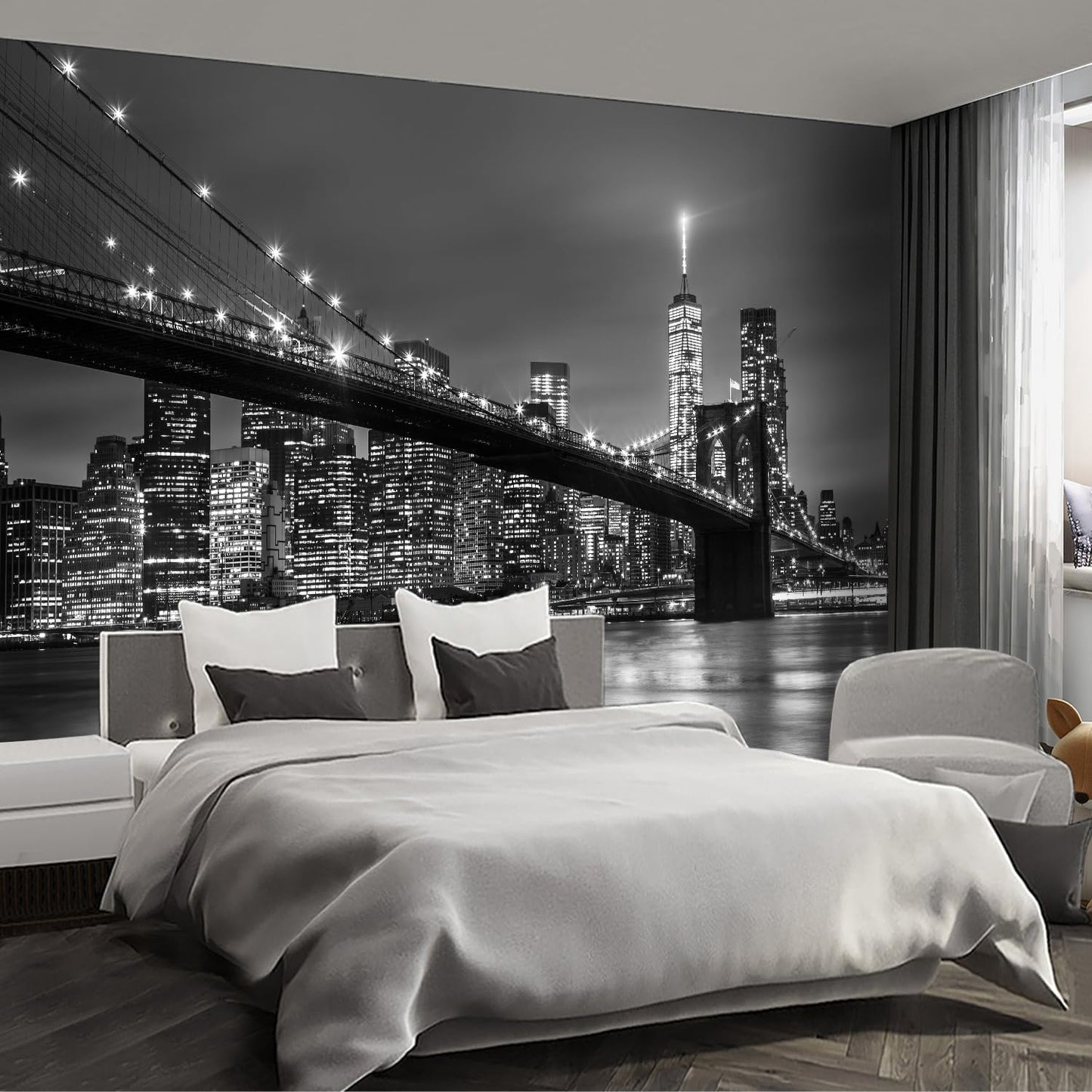 Gray Brooklyn Bridge at Night NYC Wall murals New York Peel and Stick Wallpaper for Bedroom Living Room - 108"x157"