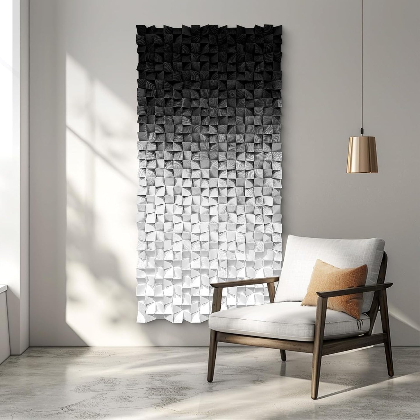LIUZEYUE - Wooden Block Stereoscopic Painting Geometric Modeling Wall Decoration 3D Wooden Artwork Living Room Bedroom Background Wall Office Decoration Black and White Gradient 23.6 x 47.2 inches