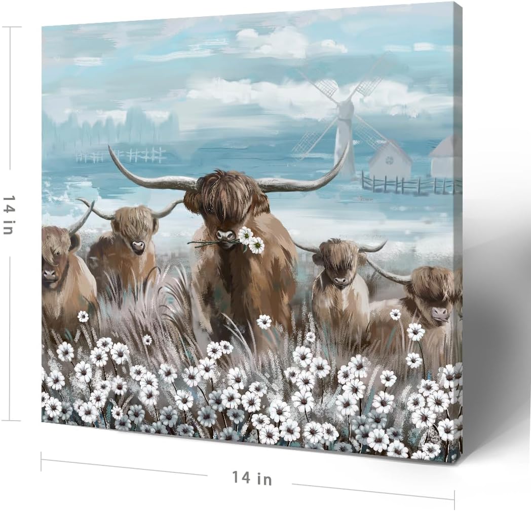 Canvas Wall Art Bathroom Coastal Boho Farmhouse Highland Cow Flower Picture Floral Artwork Rustic Country Landscape Longhorn Animal Painting for Living Room Bedroom Kitchen Décor Blue Brown Small