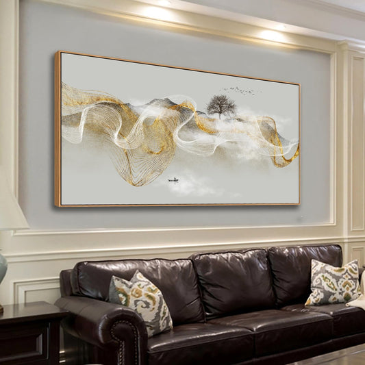 HUADAOART Wall Art Modern Zen Light Luxury Natural Landscape with Golden and White lines Background Wall Decor Canvas Prints for Living Room Bedroom 20x40 Inches (Framed)