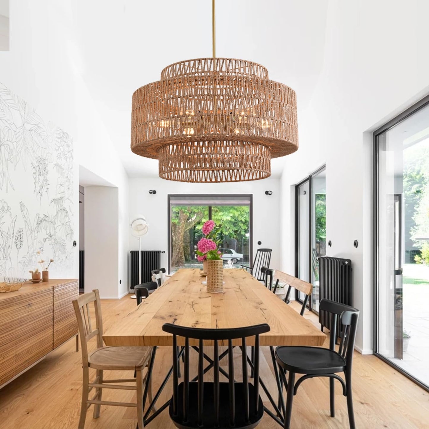 Rattan Chandelier Farmhouse 6 Lights Hand Woven Large Boho Chandeliers for Dining Room Light Fixture Hanging 23.62" Wicker Pendant Lighting for Island