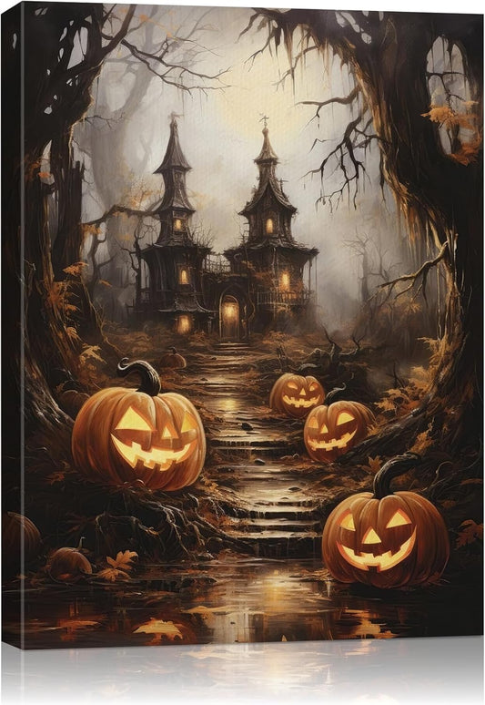 AbcCustomize Halloween Canvas Wall Art - Spooky Haunted House & Eerie Pumpkins Poster, Gothic Fall Decorations for Home, Vintage Halloween Decor Indoor for Living Room, Bedroom & Party