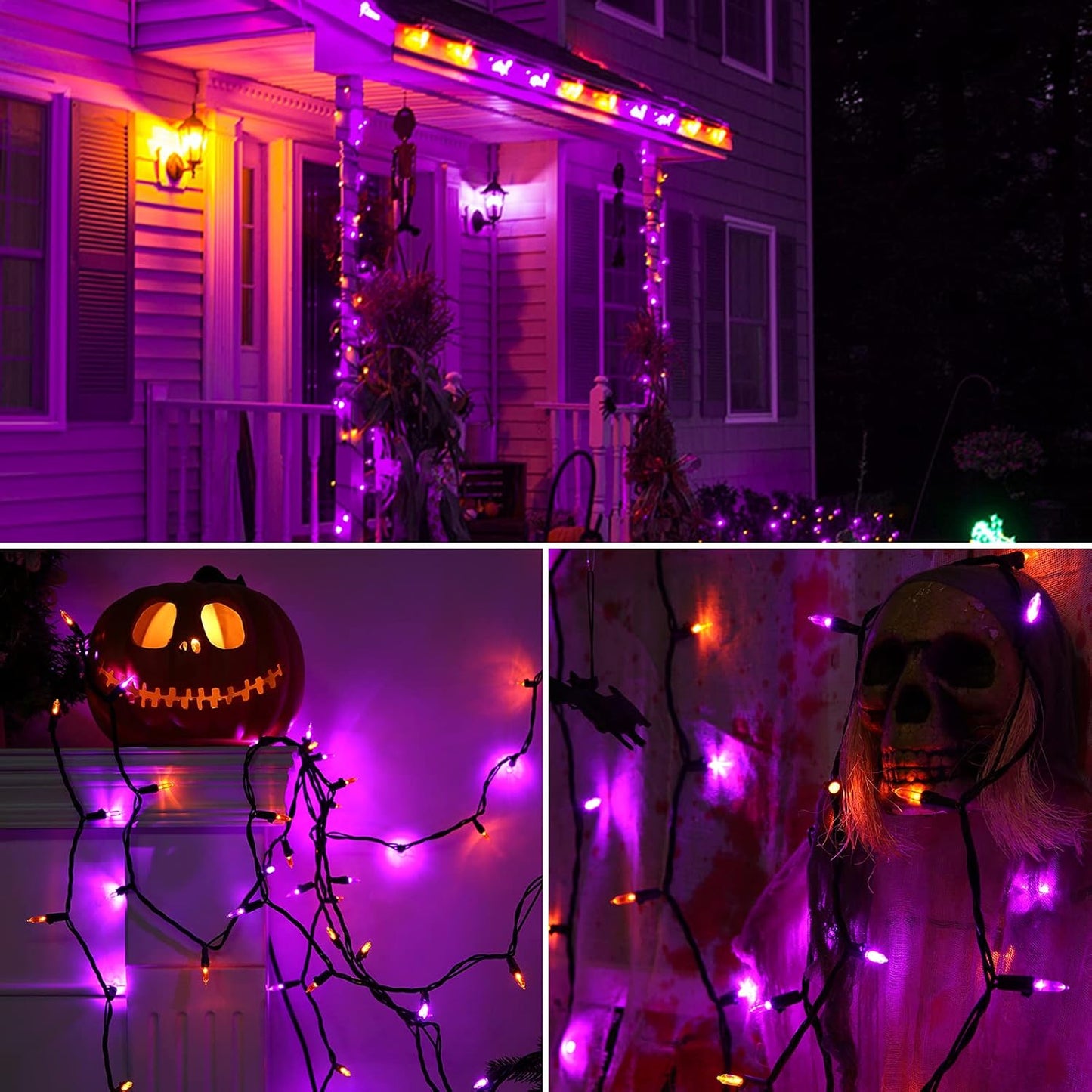 ODEERTONIC Orange & Purple Halloween Lights, 33ft 100 LED Orange Lights String Connectable, 120V UL Certified Purple String Light, Plugin Black Wire Halloween Light Waterproof for Spooky Party Decor