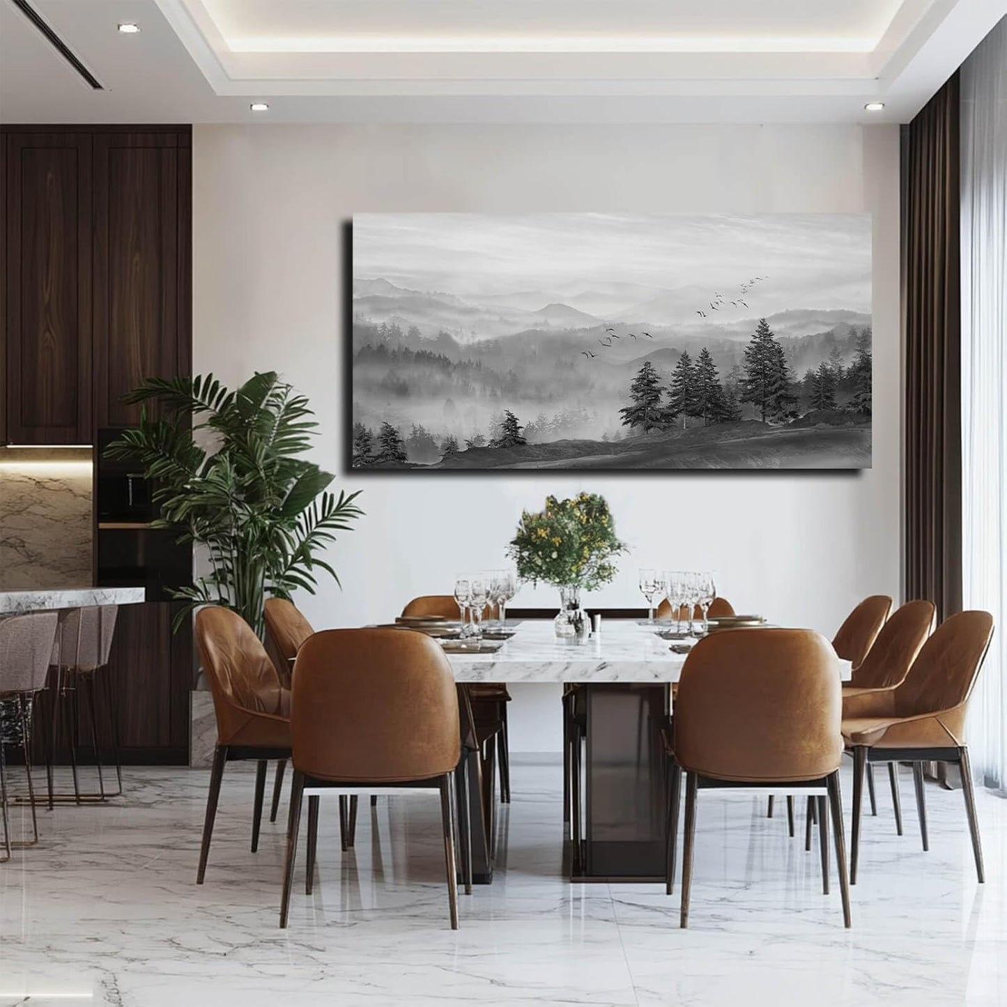 SOUGUAN Grey Wall Decor Foggy Mountain Wall Art Tree and Bird Pictures Artwork for Walls Living Room for Bedroom Kitchen Dining Room Home Office 30x60 Inch