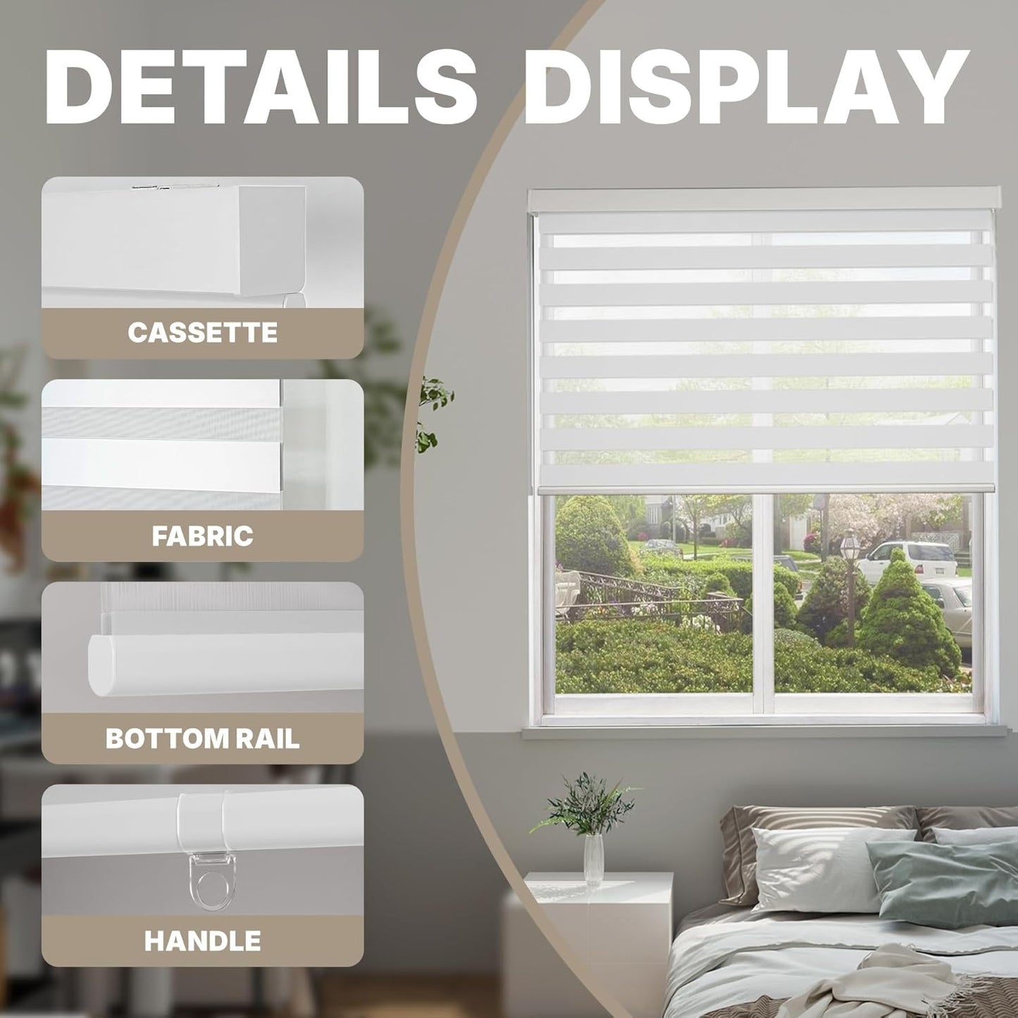 HESTIA Cordless Zebra Blinds Light Filtering Roller Shades Blackout Indoor Window Blind for Home Office,White,26" W x 48" H