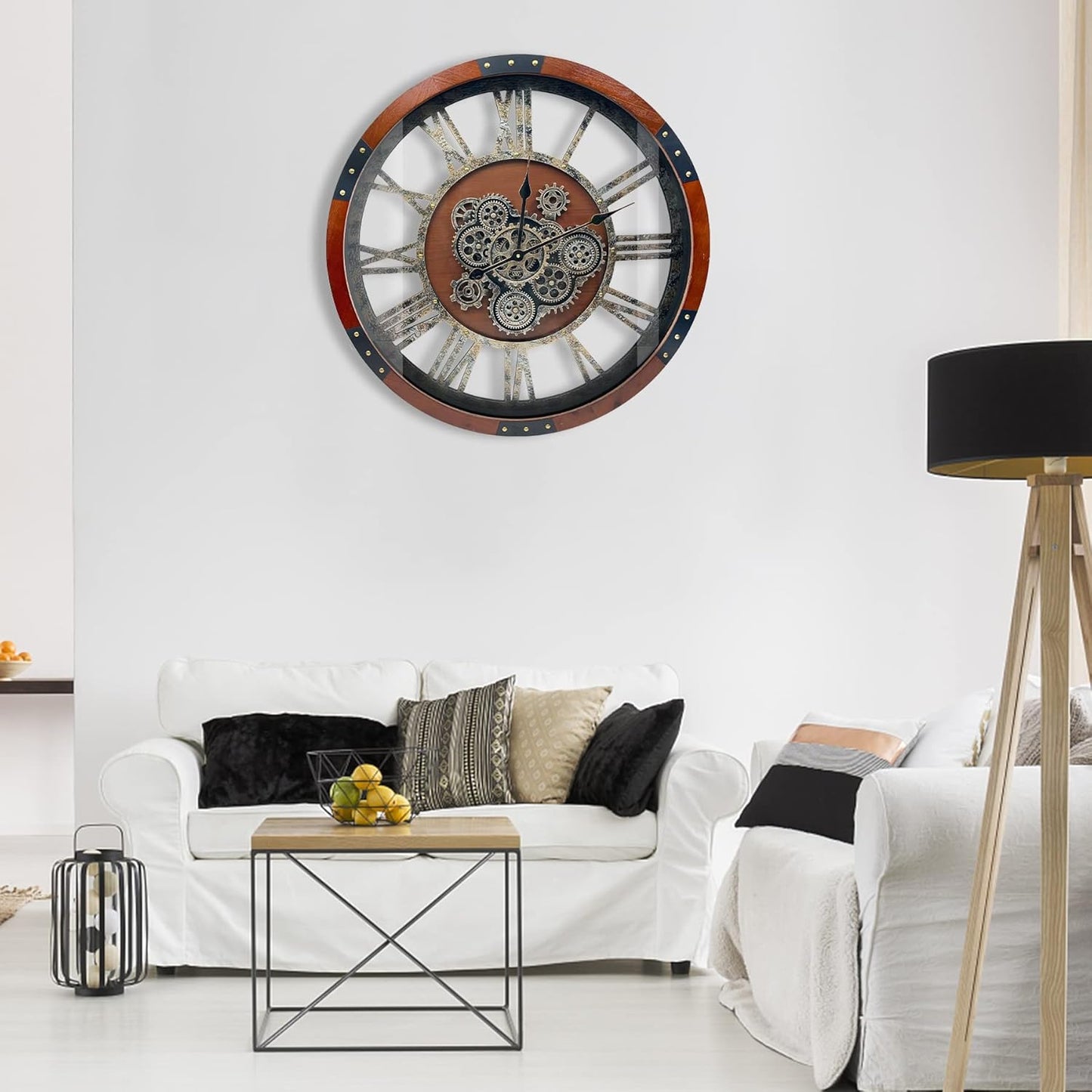 Large Wall Clock for Living Room Decor, 27 Inches Oversized Vintage Wood Decorative Steampunk Farmhouse Wall Clock for Rustic, Retro, Industrial,Kitchen,Office,Working Gears
