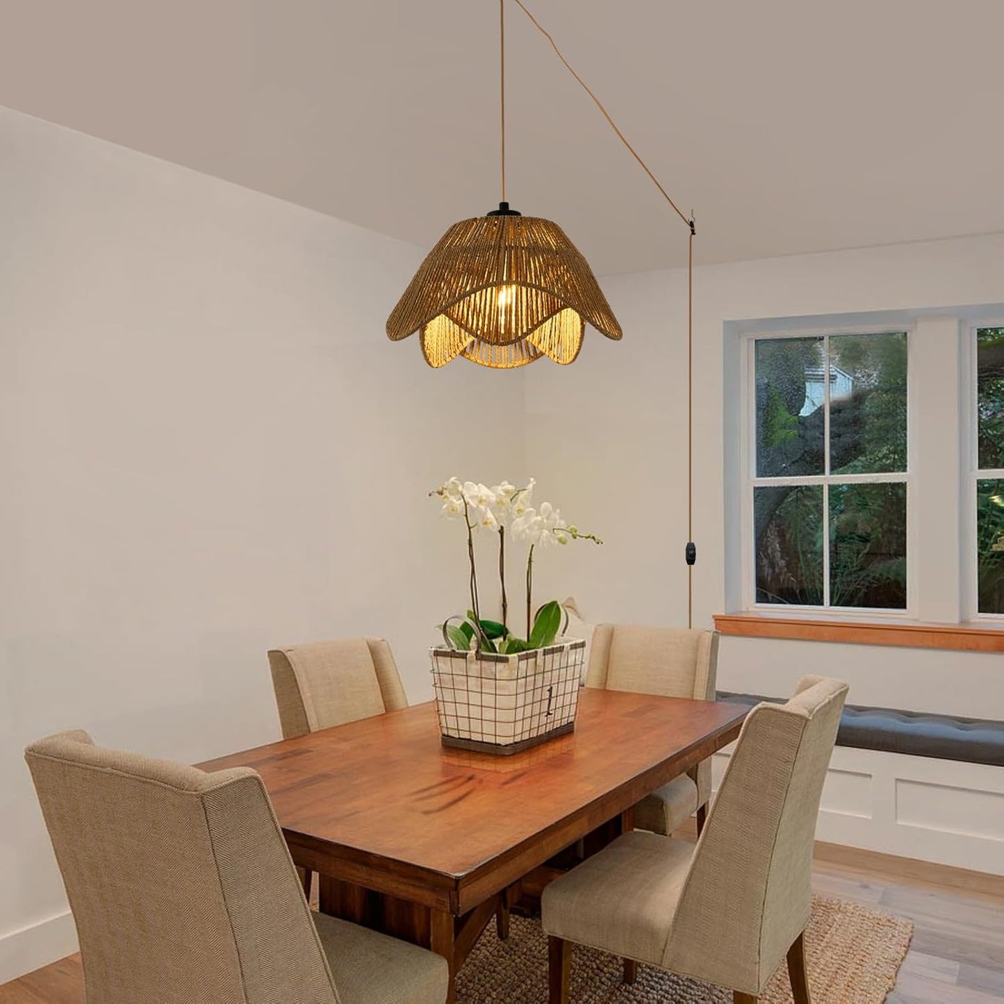 Plug in Pendant Light, Boho Rattan Hanging Lights with Plug in Cord,Rustic Hand Woven Wicker Hanging Lamp with On/Off Switch, Adjustable Plug in Ceiling Light for Kitchen Bedroom Living Room