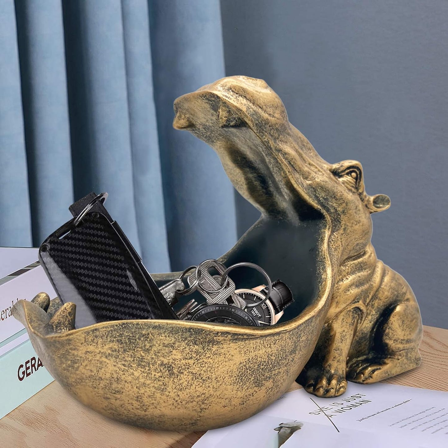 aboxoo Hippo Statue Home Resin Hippopotamus Figurine Sculpture Table Art Decoration Sundries Key Container Storage Box (Gold)
