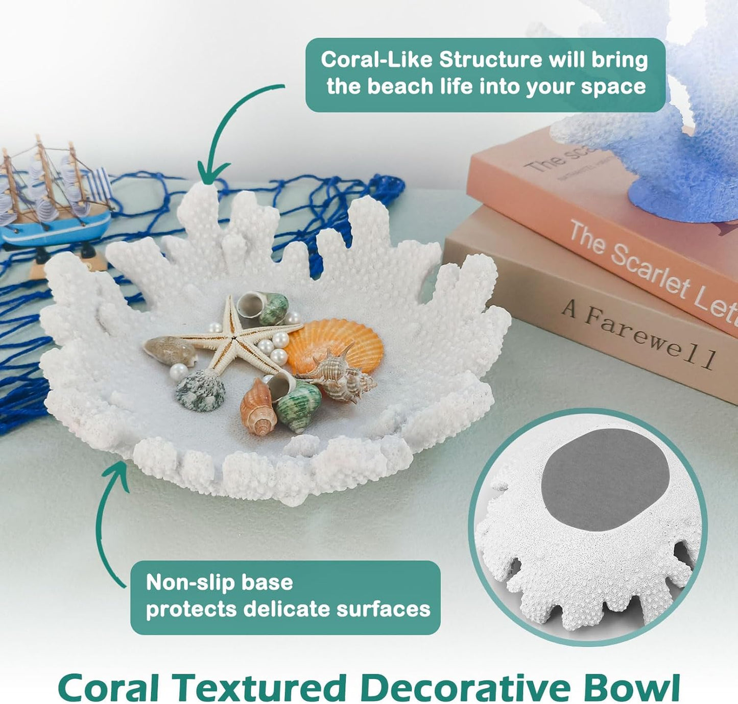 Accessoryway White Coral Textured Decorative Bowl,9.45" Medium Resin Decorative Centerpiece Bowl for Coastal Beach theme house table centerpiece decorations & Nautical decorations for coffee table