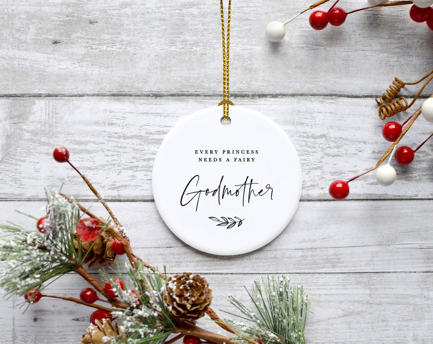 Andaz Press Round Ceramic Porcelain Christmas Tree Ornament Keepsake Collectible Godmother Gift, Every Princess Needs a Fairy Godmother, Antique Handdrawn, 1-Pack