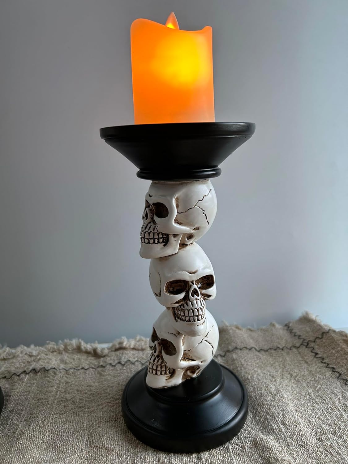 Halloween Skull Candle Holder - Vintage Pillar Candle Holder with Resin Skull Skeleton Design - Indoor Decor