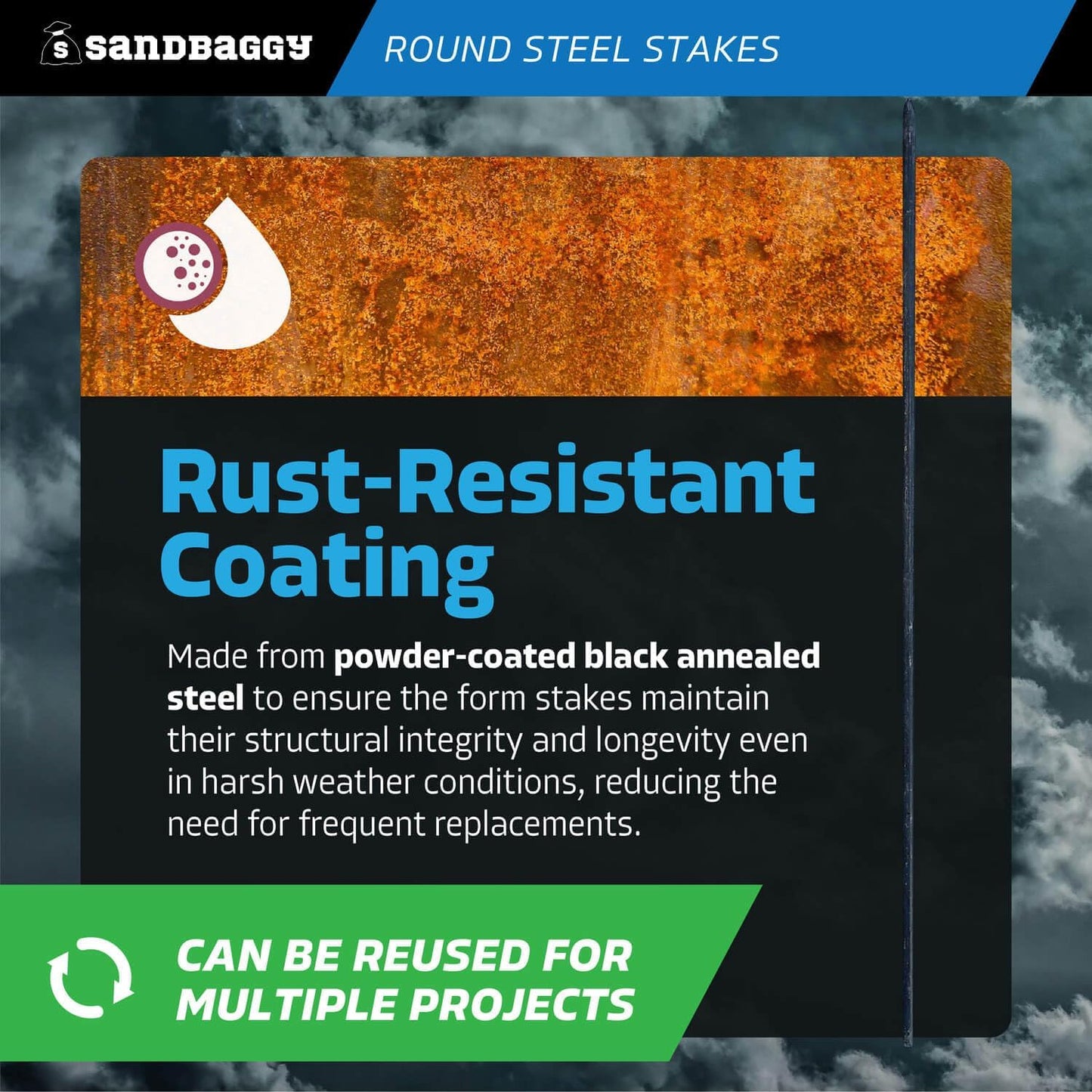 Sandbaggy Round Steel Concrete Form Stakes with Nail Holes - Rust Resistant Coating - Removable, Reusable (5, 3/4 in X 60 in)